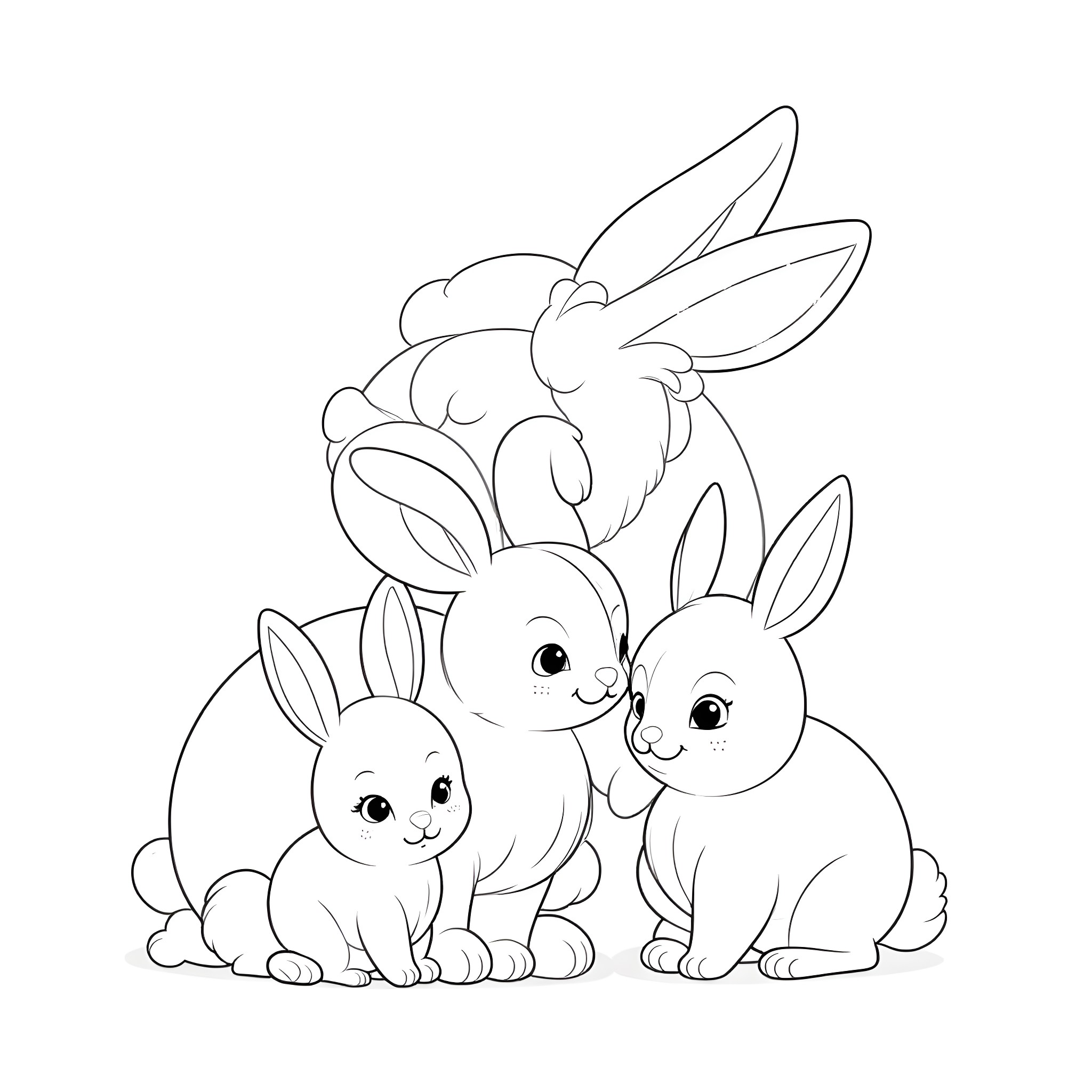 Bunny friends gathered together Coloring Page (free black-and-white line drawing printable PDF for all, from beginners to advanced learners, including children, teens, adults, and seniors)