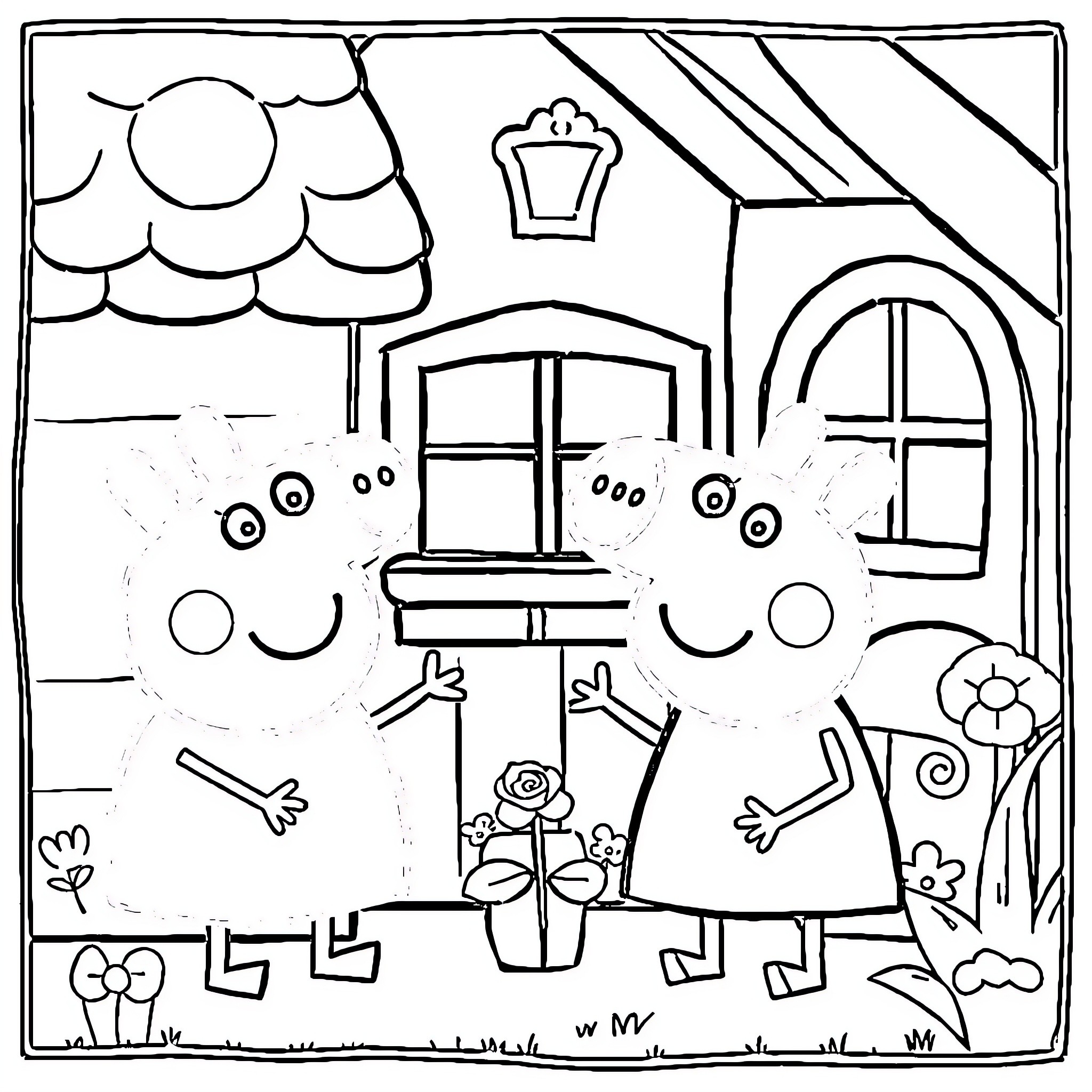 Peppa Pig and friends in a cheerful outdoor scene Coloring Page (free black-and-white line drawing printable PDF for all, from beginners to advanced learners, including children, teens, adults, and seniors)