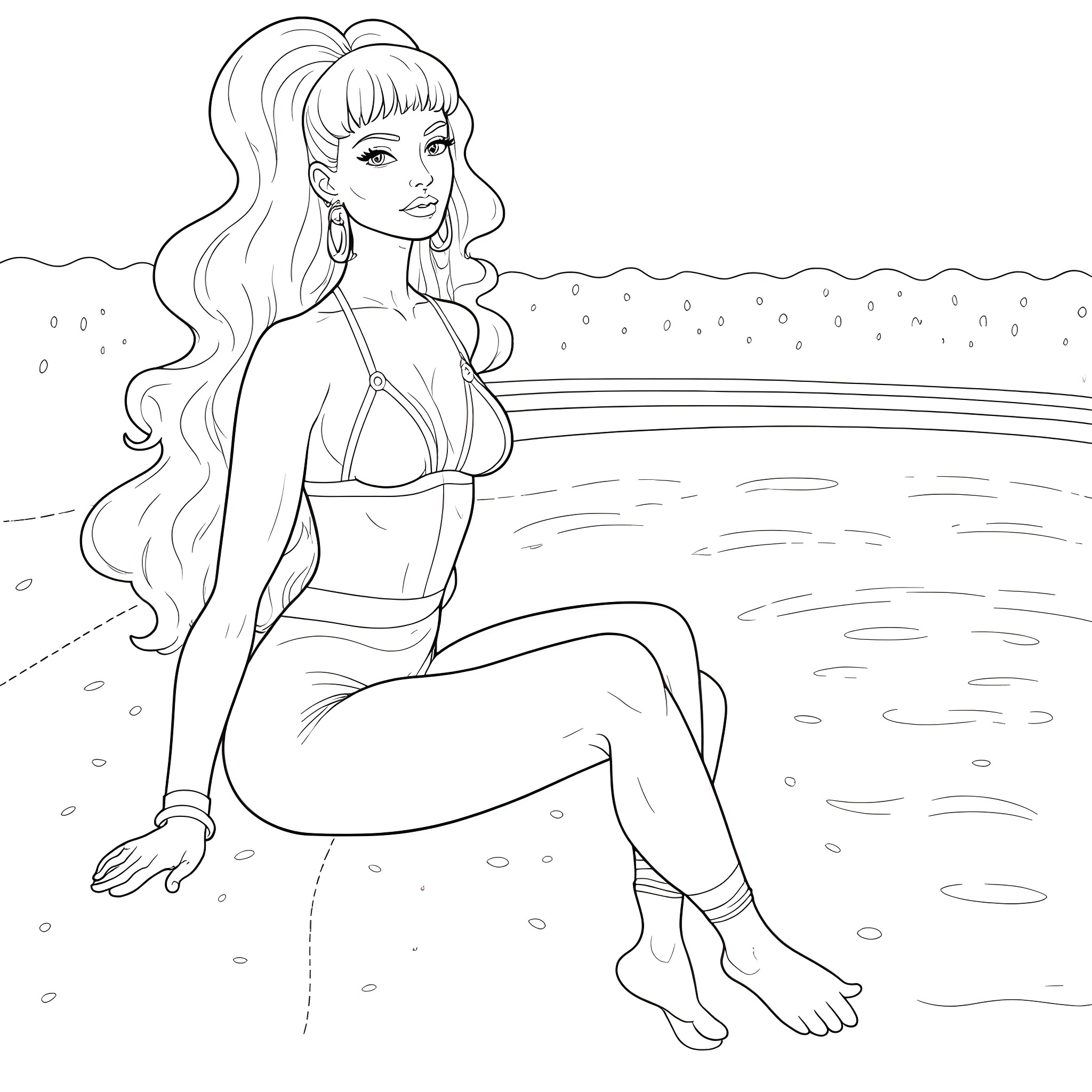 Goth Girl Relaxing by the Lake Coloring Page (free black-and-white line drawing printable PDF for all, from beginners to advanced learners, including children, teens, adults, and seniors)