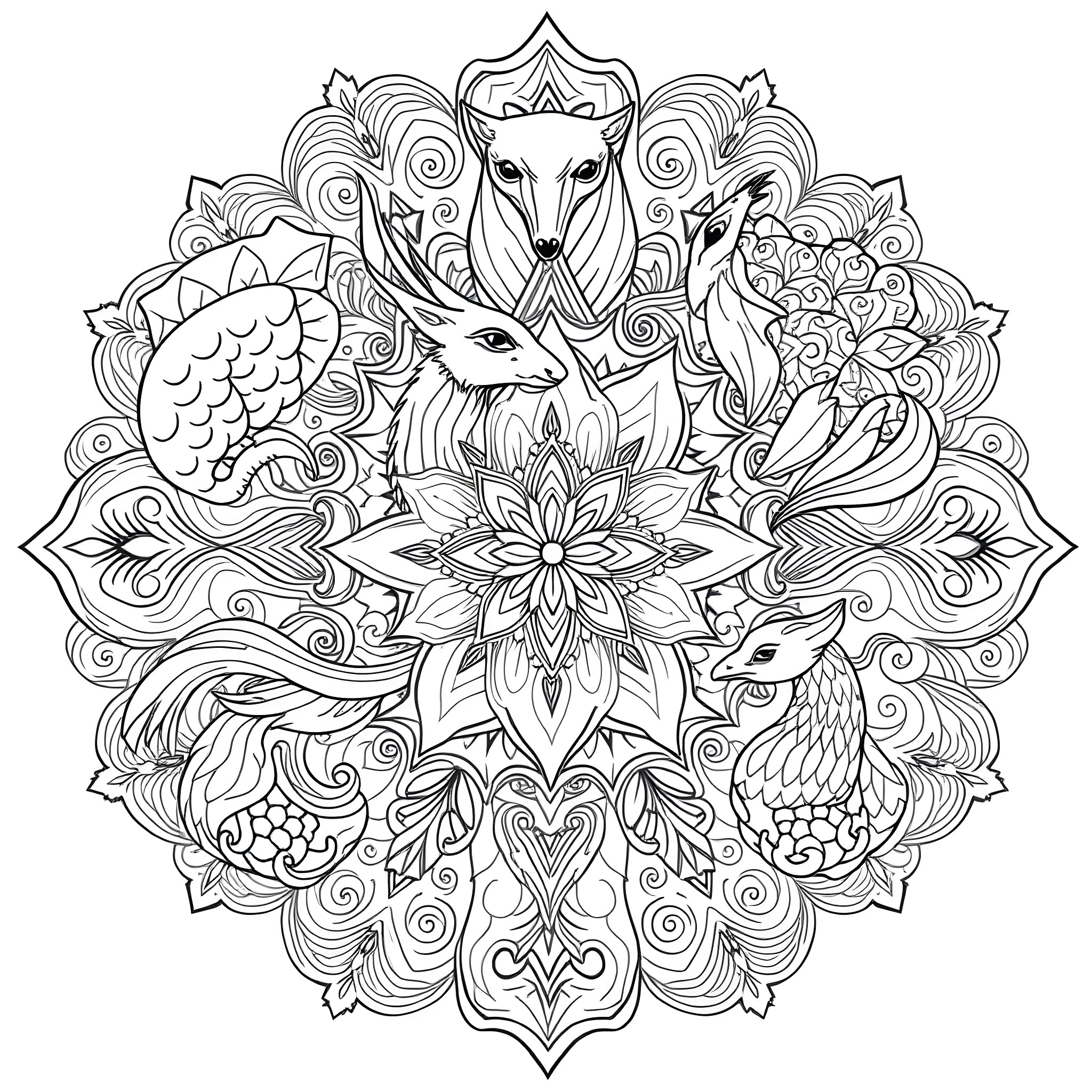 Animal mandala with intricate floral and wildlife design Coloring Page (free black-and-white line drawing printable PDF for all, from beginners to advanced learners, including children, teens, adults, and seniors)
