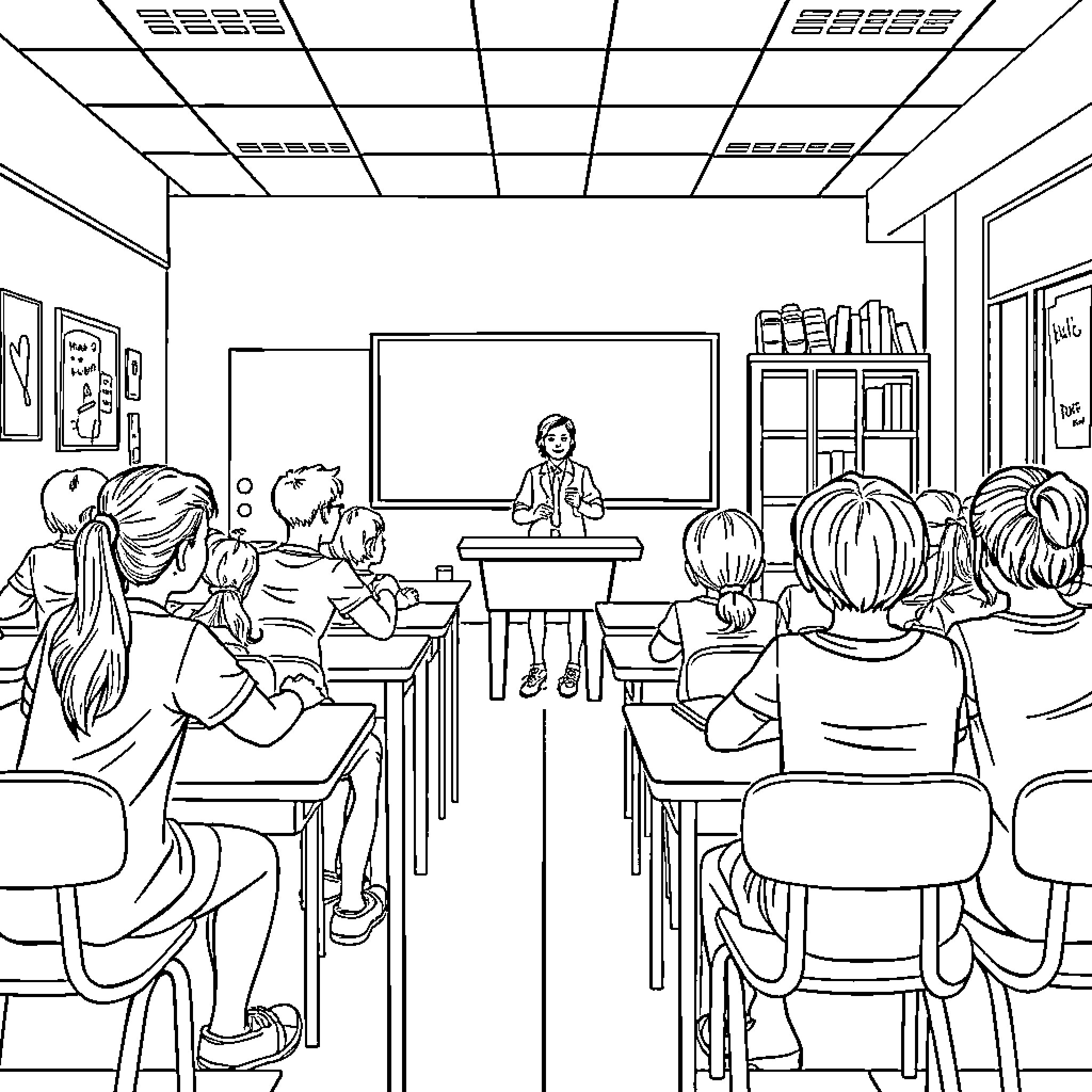 Students attending a classroom lecture Coloring Page (free black-and-white line drawing printable PDF for all, from beginners to advanced learners, including children, teens, adults, and seniors)