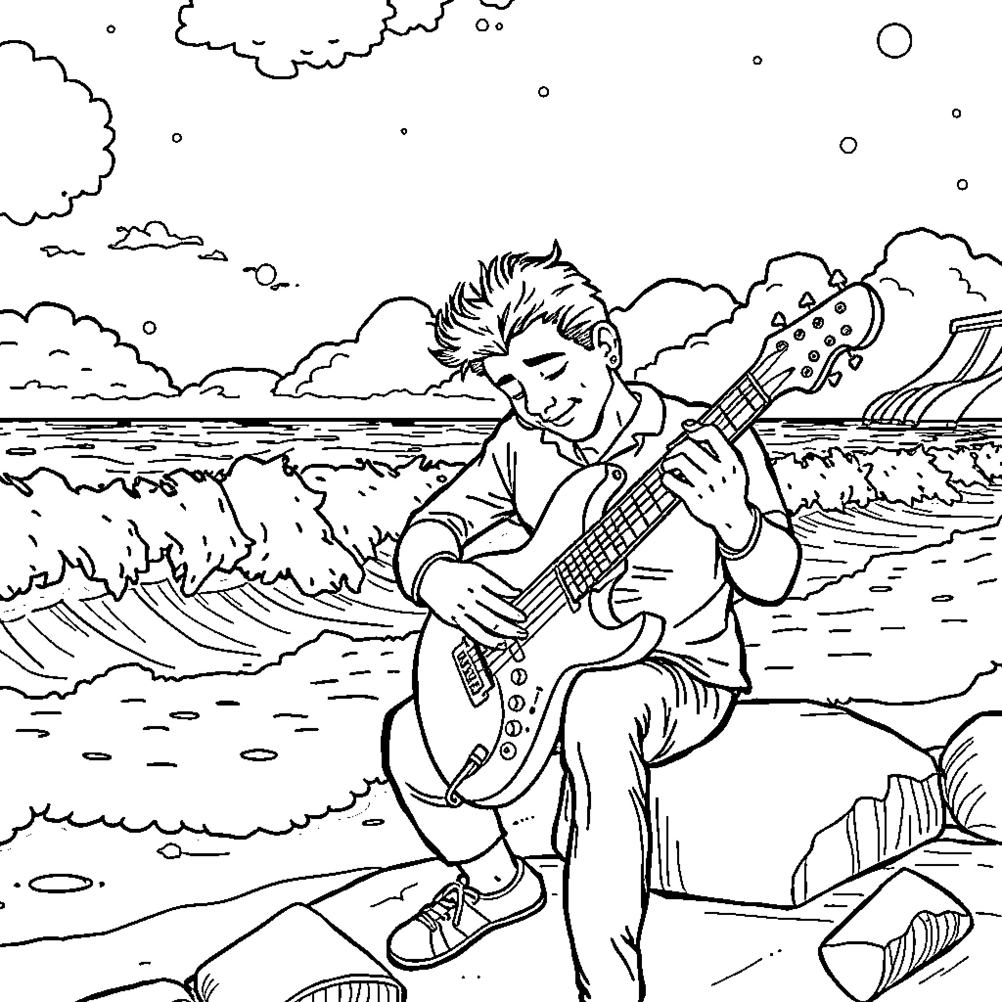 Franck playing guitar by the ocean Coloring Page (free black-and-white line drawing printable PDF for all, from beginners to advanced learners, including children, teens, adults, and seniors)