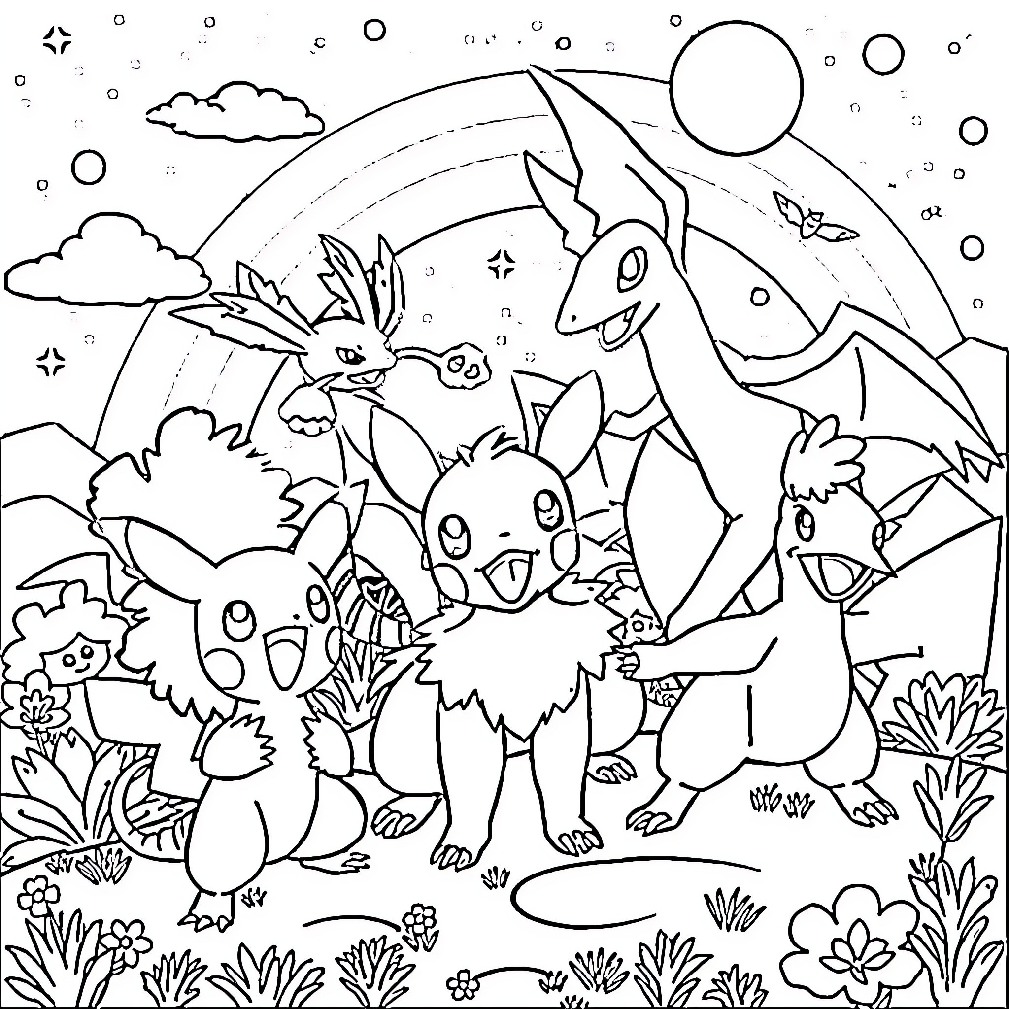 Pokémon enjoying a peaceful outdoor scene Coloring Page (free black-and-white line drawing printable PDF for all, from beginners to advanced learners, including children, teens, adults, and seniors)