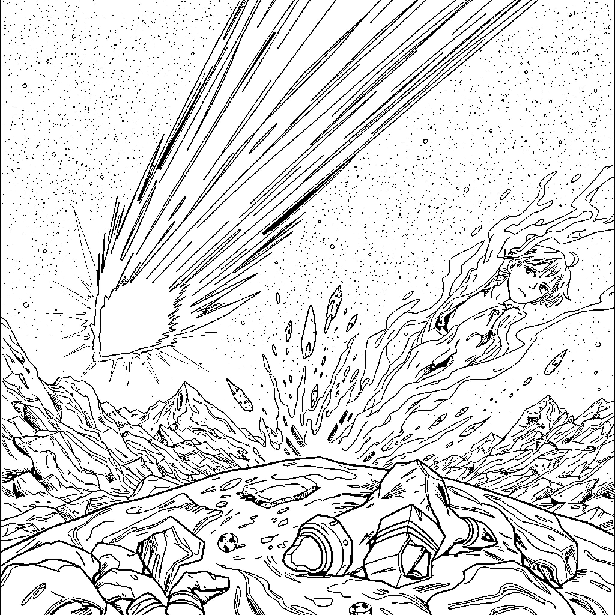 Meteor crashing in a dramatic landscape Coloring Page (free black-and-white line drawing printable PDF for all, from beginners to advanced learners, including children, teens, adults, and seniors)