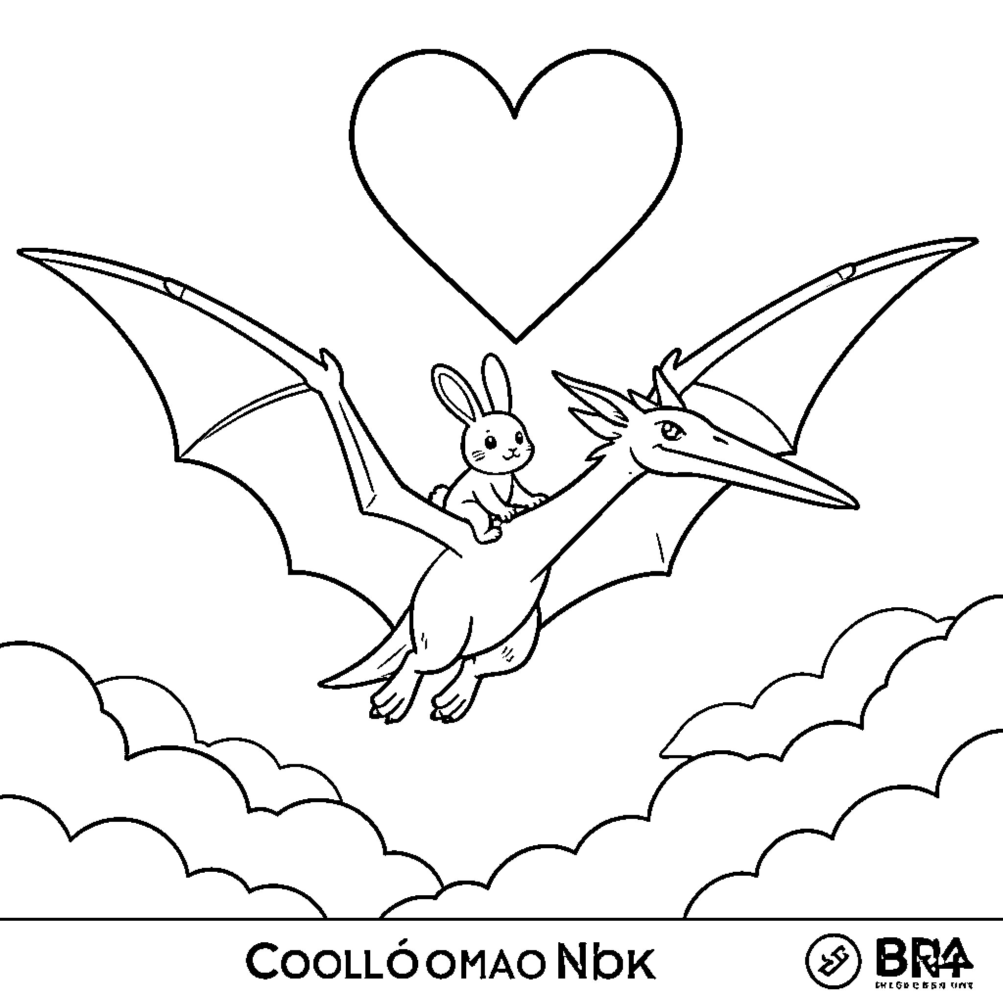 Pterodactyl flying through clouds with a rabbit passenger Coloring Page (free black-and-white line drawing printable PDF for all, from beginners to advanced learners, including children, teens, adults, and seniors)