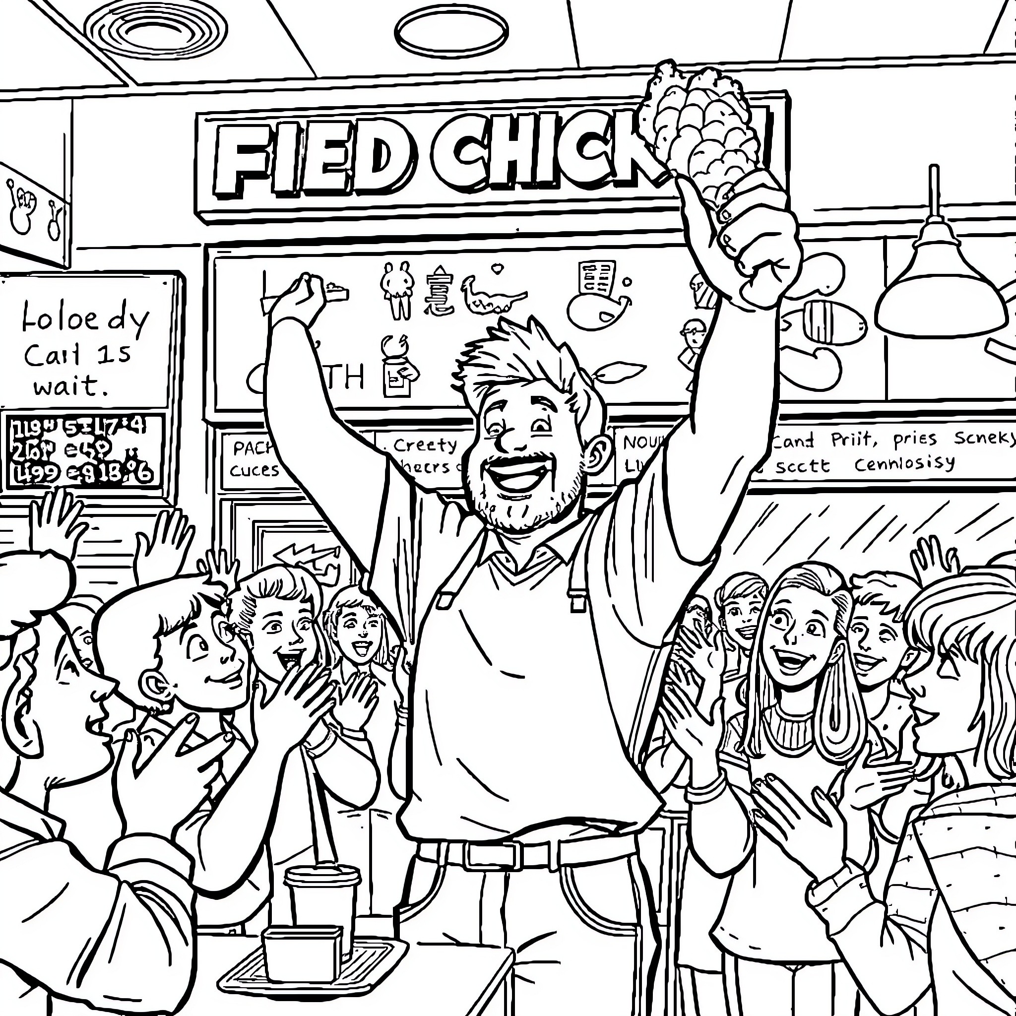 Man serving enthusiastic customers at a fried chicken shop Coloring Page (free black-and-white line drawing printable PDF for all, from beginners to advanced learners, including children, teens, adults, and seniors)