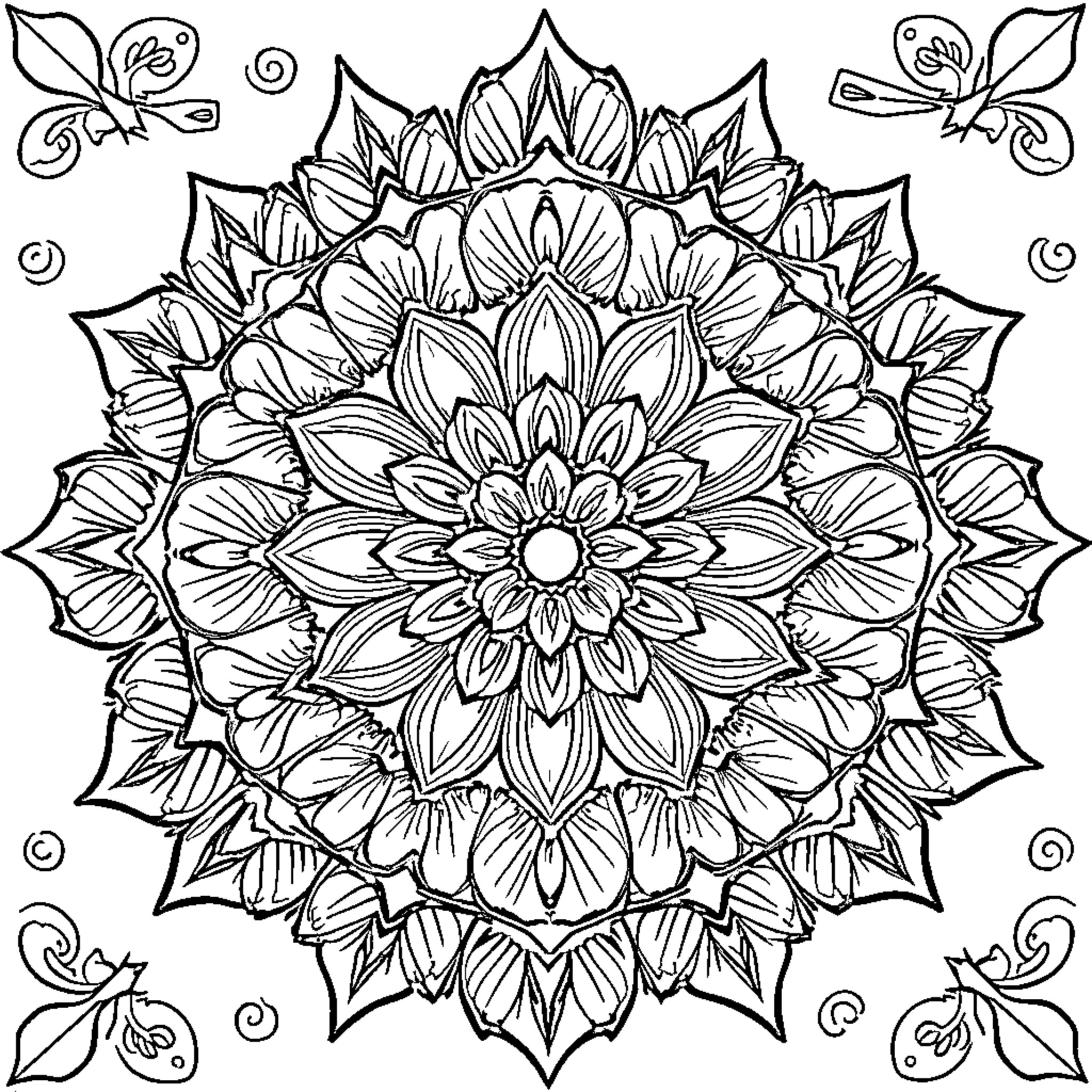 Mandala of intricate floral design with butterflies Coloring Page (free black-and-white line drawing printable PDF for all, from beginners to advanced learners, including children, teens, adults, and seniors)