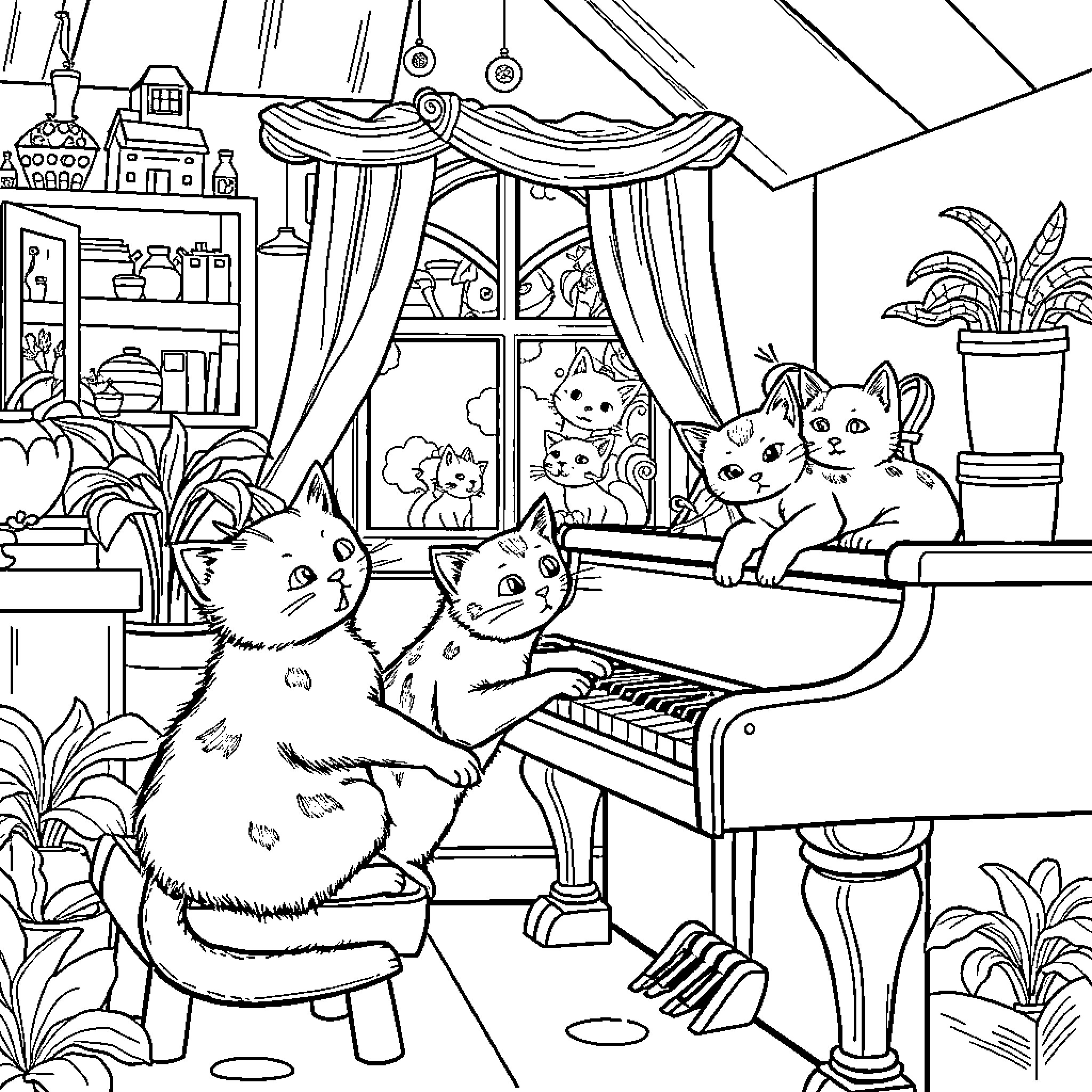 Cats enjoying music in cozy home setting Coloring Page (free black-and-white line drawing printable PDF for all, from beginners to advanced learners, including children, teens, adults, and seniors)