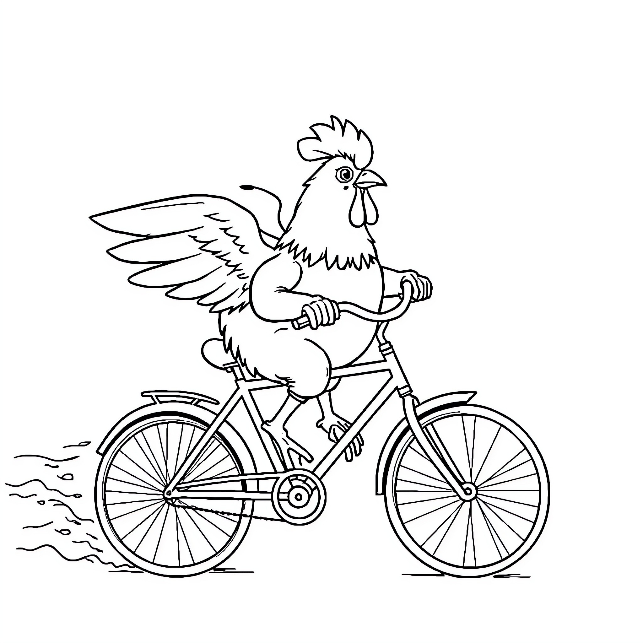 Chicken riding a bicycle Coloring Page (free black-and-white line drawing printable PDF for all, from beginners to advanced learners, including children, teens, adults, and seniors)