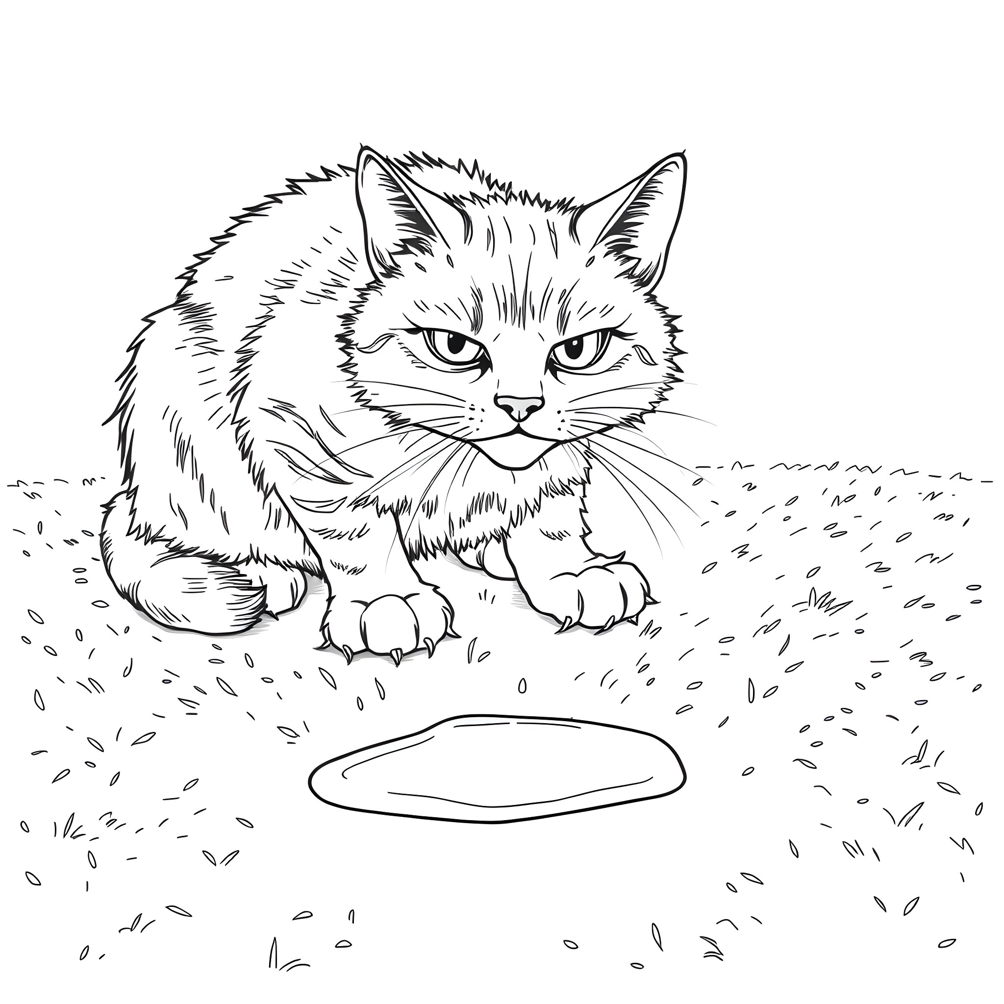 Tabby Cat intrigued by a frisbee disc Coloring Page (free black-and-white line drawing printable PDF for all, from beginners to advanced learners, including children, teens, adults, and seniors)