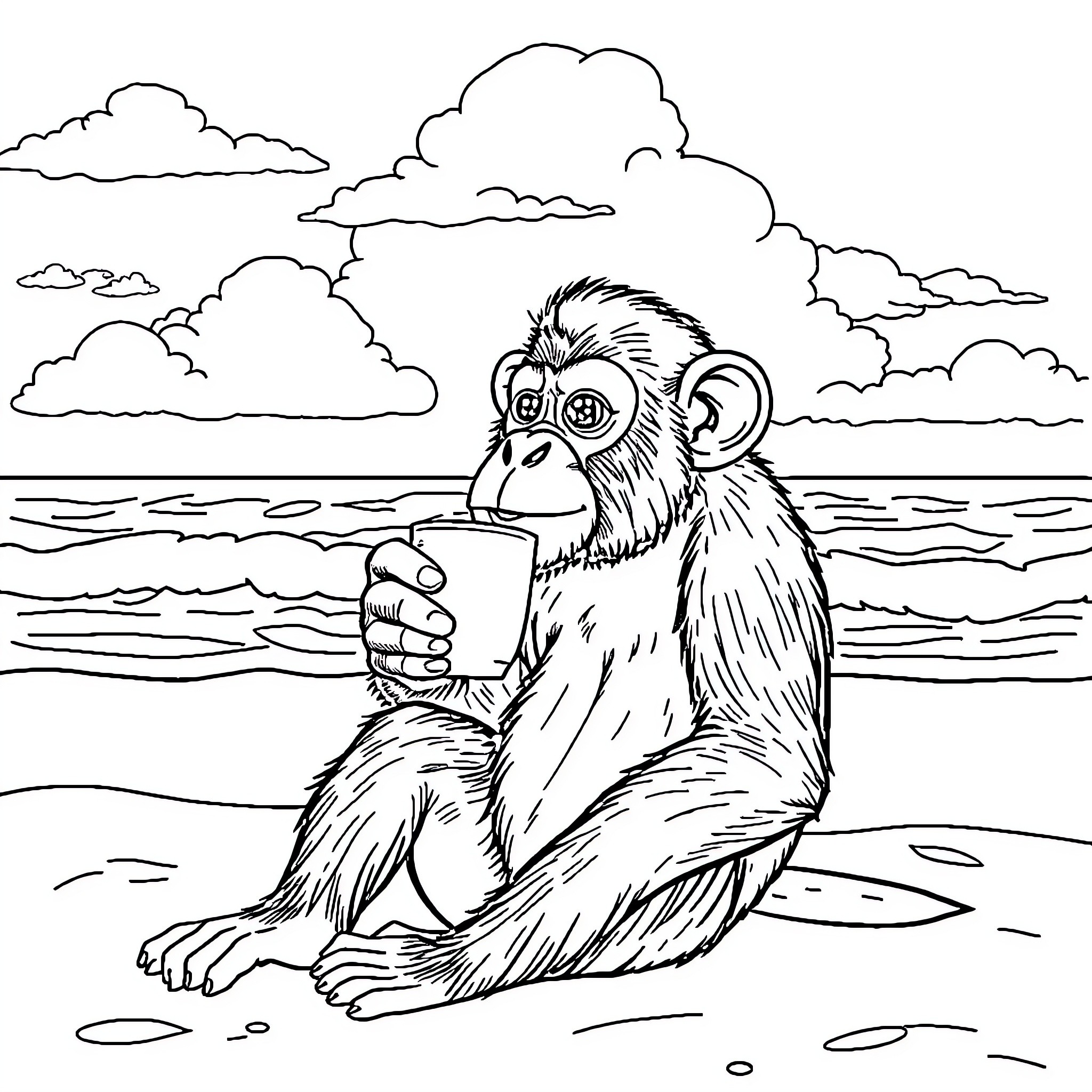 Chimpanzee Contemplating the Coastal Landscape Coloring Page (free black-and-white line drawing printable PDF for all, from beginners to advanced learners, including children, teens, adults, and seniors)