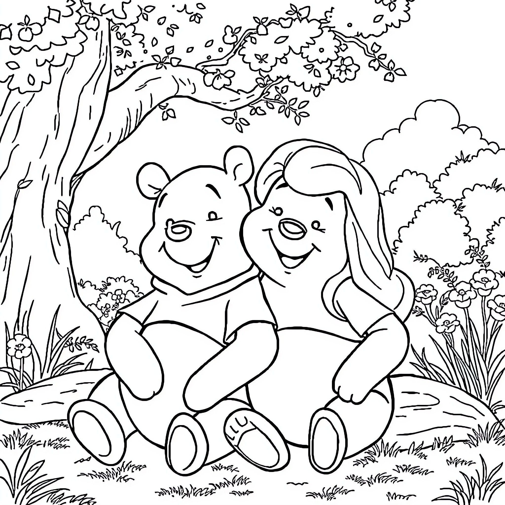 Winnie The Pooh and Piglet Sitting Happily in the Park Coloring Page (free black-and-white line drawing printable PDF for all, from beginners to advanced learners, including children, teens, adults, and seniors)