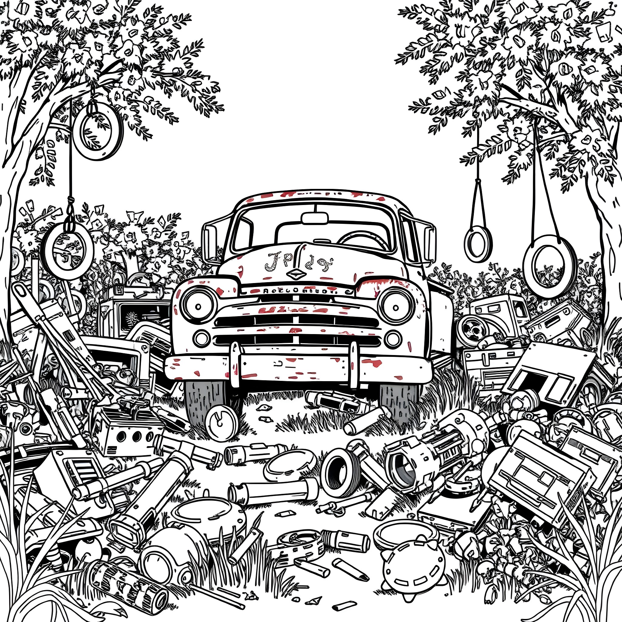 Pick Up Truck Surrounded by Vintage Items in Nature Coloring Page (free black-and-white line drawing printable PDF for all, from beginners to advanced learners, including children, teens, adults, and seniors)