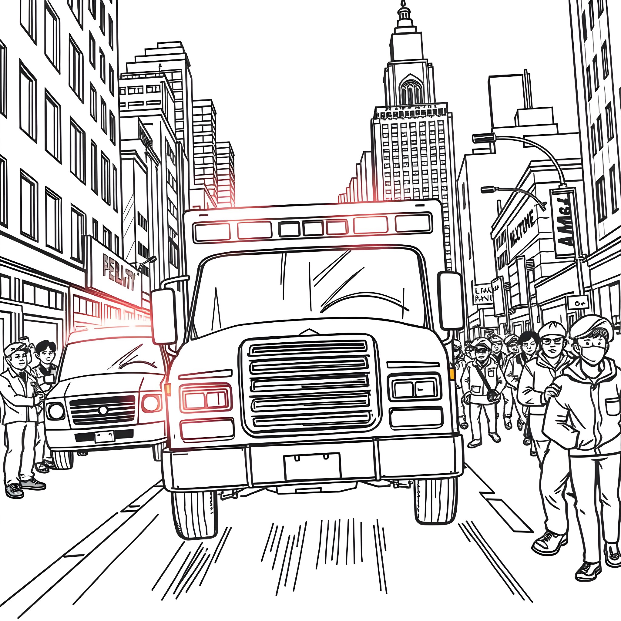 Ambulance rushing through the busy city street Coloring Page (free black-and-white line drawing printable PDF for all, from beginners to advanced learners, including children, teens, adults, and seniors)