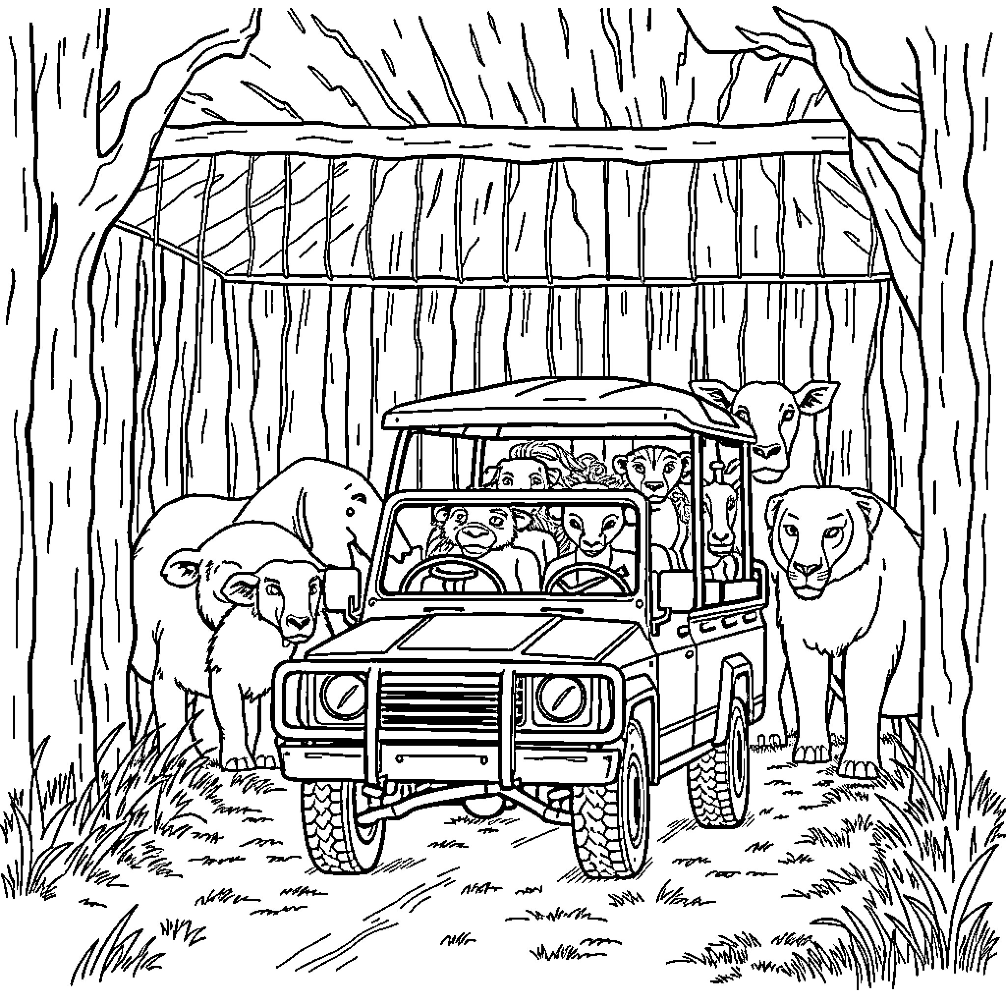 Safari Car Adventure with Animals in the Wild Coloring Page (free black-and-white line drawing printable PDF for all, from beginners to advanced learners, including children, teens, adults, and seniors)