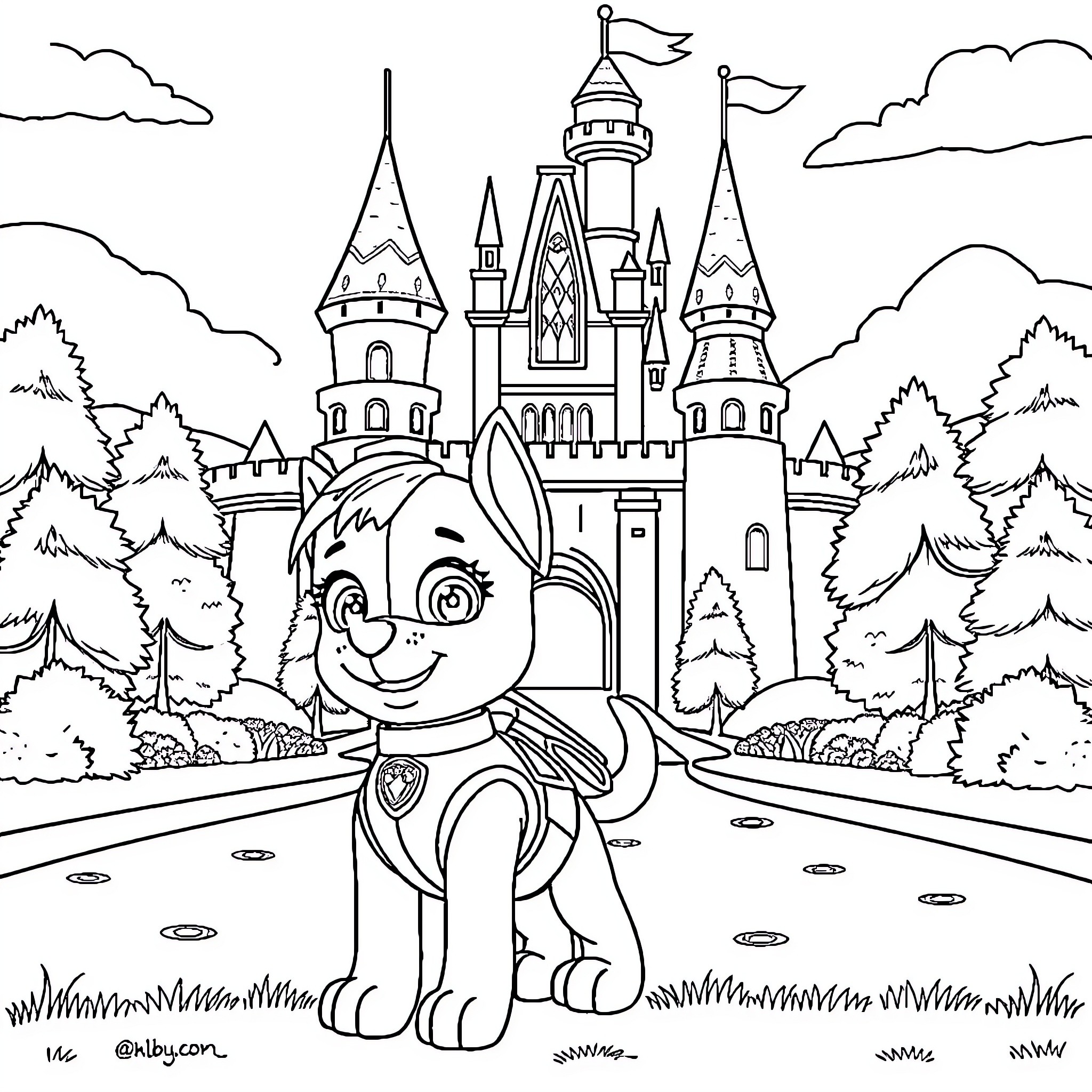 Paw Patrol adventures at the fairy tale castle Coloring Page (free black-and-white line drawing printable PDF for all, from beginners to advanced learners, including children, teens, adults, and seniors)