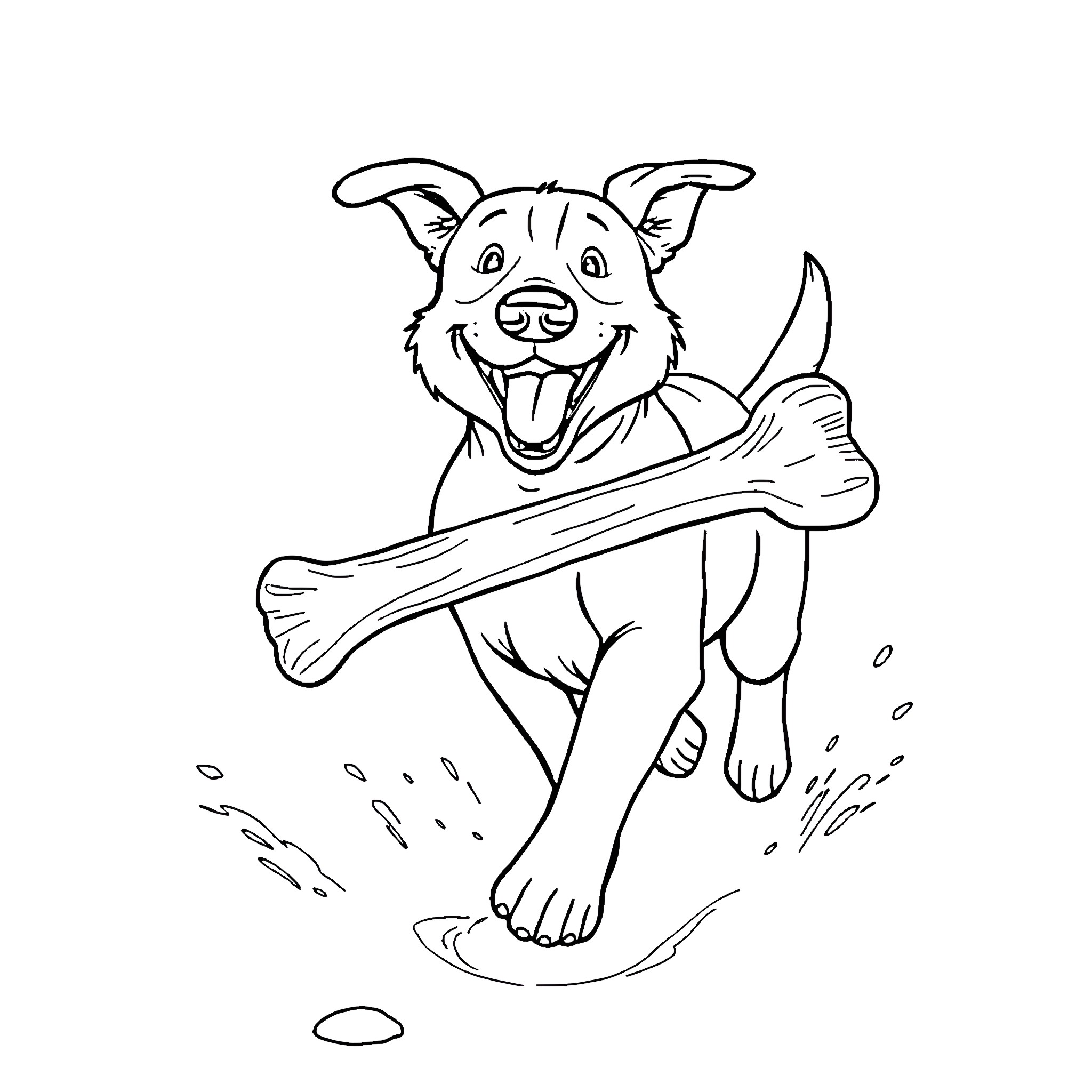 Dog happily playing with a large bone Coloring Page (free black-and-white line drawing printable PDF for all, from beginners to advanced learners, including children, teens, adults, and seniors)