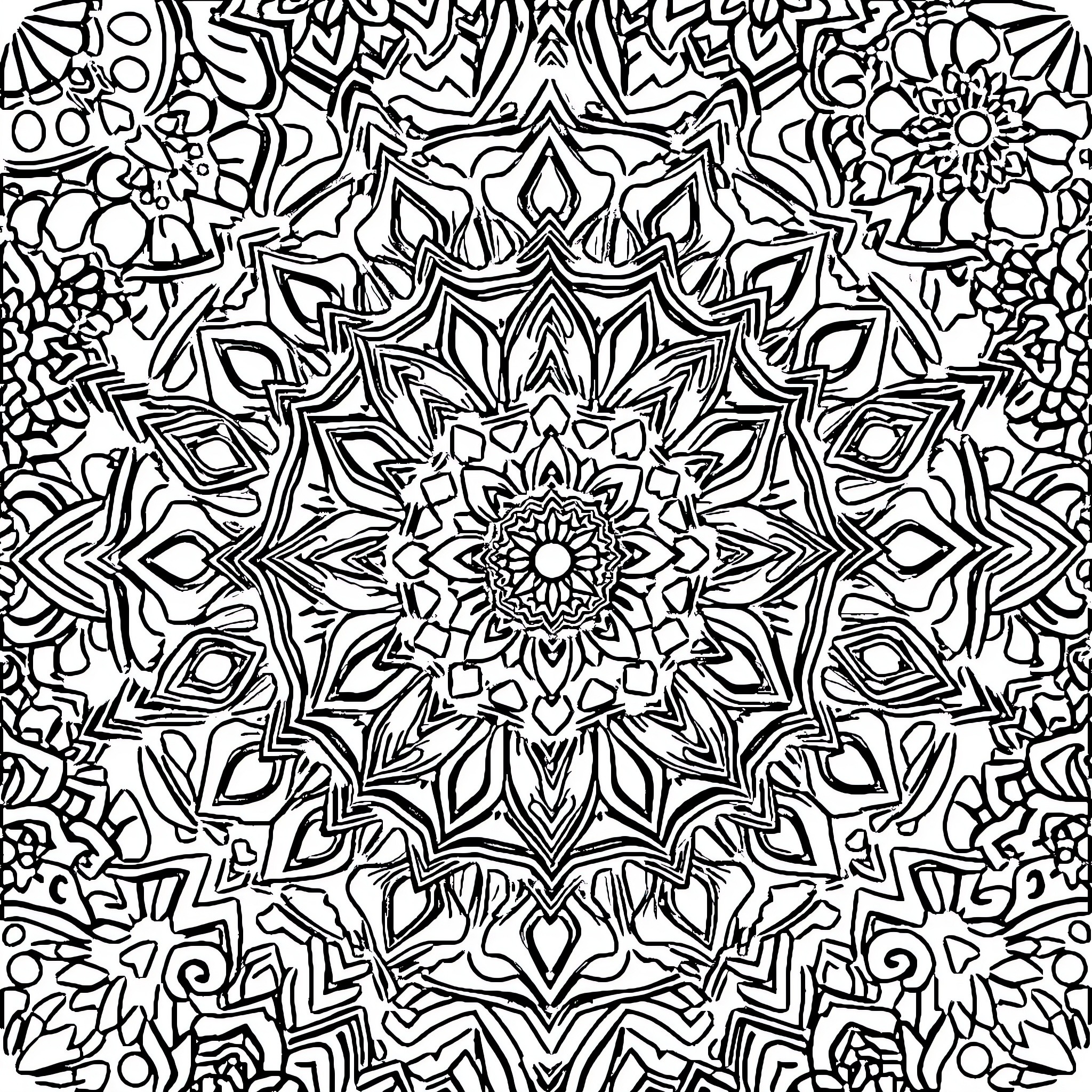 Hippie psychedelic floral pattern Coloring Page (free black-and-white line drawing printable PDF for all, from beginners to advanced learners, including children, teens, adults, and seniors)