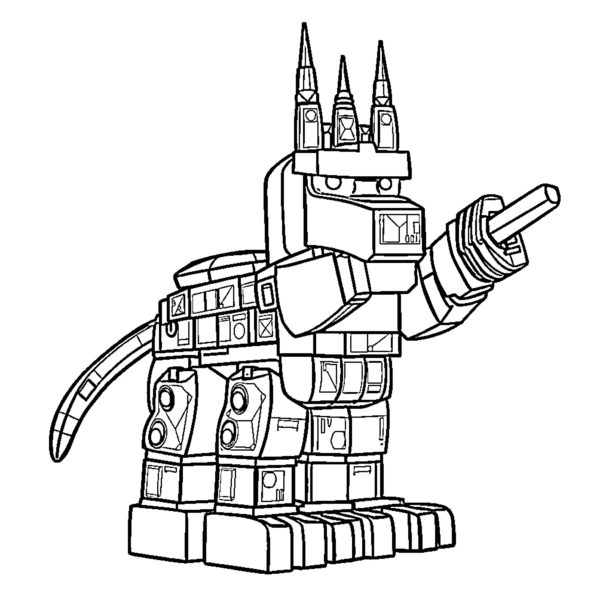 Lego Bull Robot Warrior with Armored Limbs Coloring Page (free black-and-white line drawing printable PDF for all, from beginners to advanced learners, including children, teens, adults, and seniors)