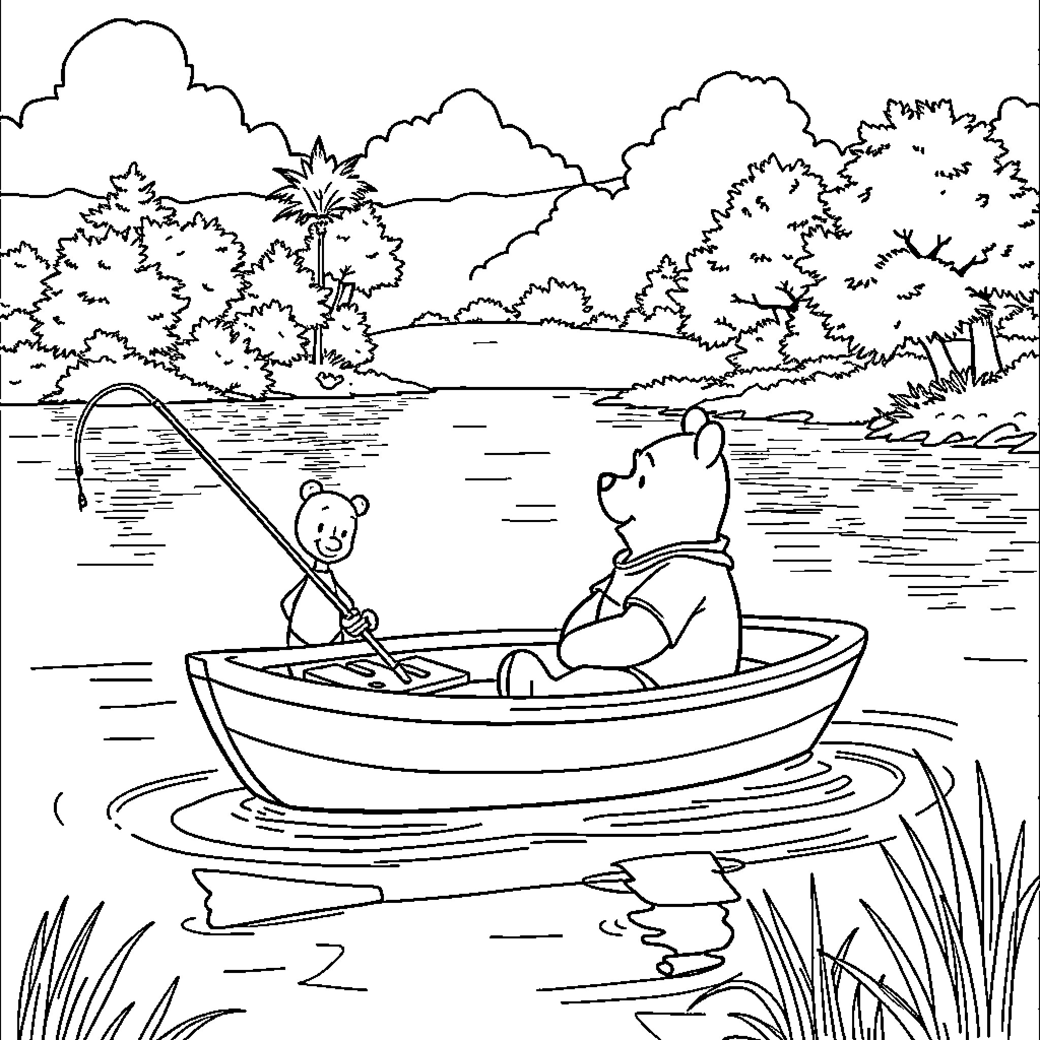 Winnie The Pooh enjoying a boat ride in nature Coloring Page (free black-and-white line drawing printable PDF for all, from beginners to advanced learners, including children, teens, adults, and seniors)
