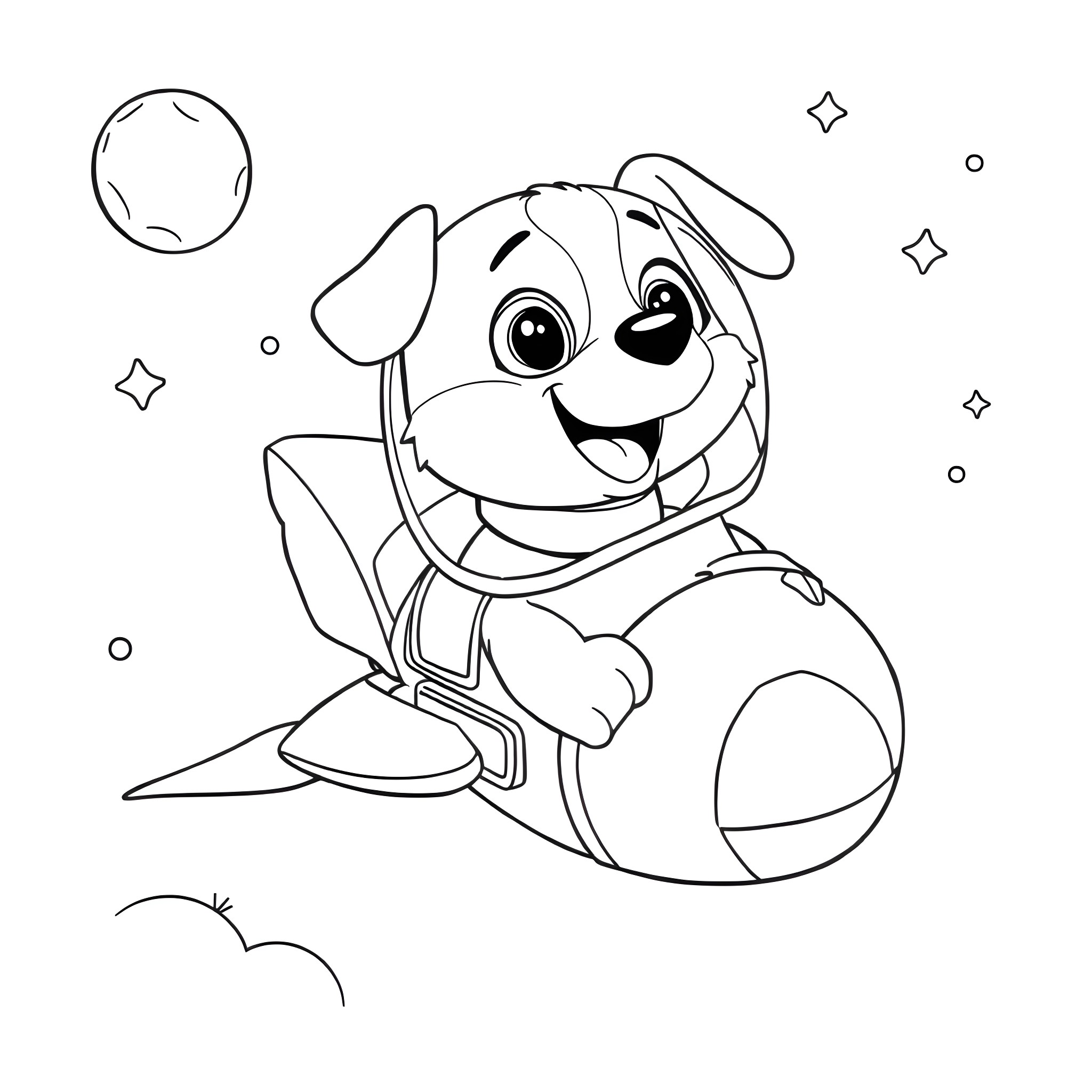 Bingo the Puppy Soaring in Space Coloring Page (free black-and-white line drawing printable PDF for all, from beginners to advanced learners, including children, teens, adults, and seniors)