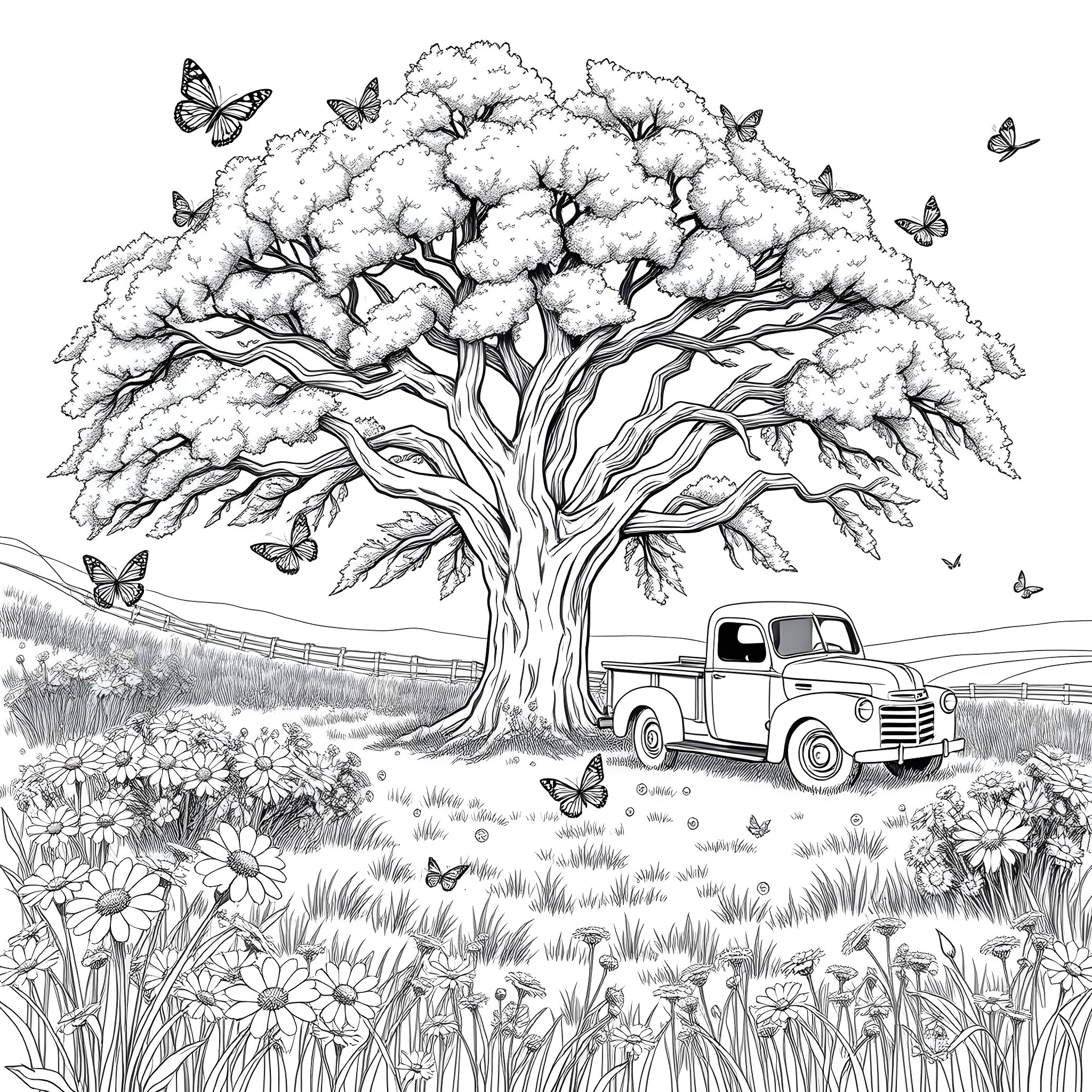 Butterfly Meadow with Vintage Truck under Blossoming Tree Coloring Page (free black-and-white line drawing printable PDF for all, from beginners to advanced learners, including children, teens, adults, and seniors)