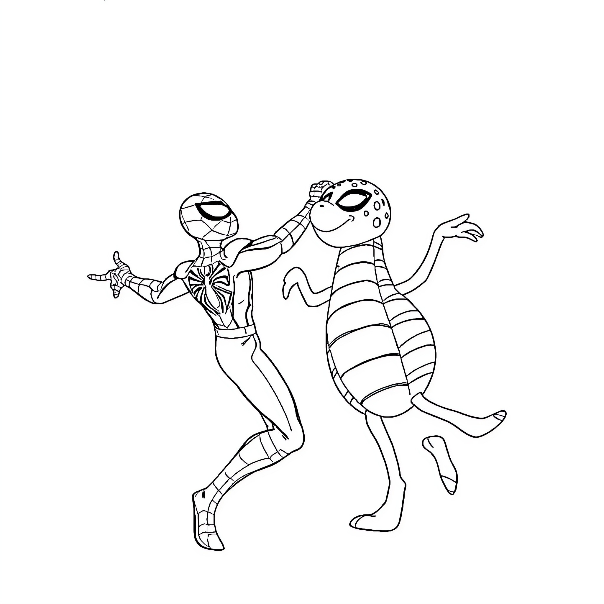 Spiderman and friendly creature dancing together Coloring Page (free black-and-white line drawing printable PDF for all, from beginners to advanced learners, including children, teens, adults, and seniors)