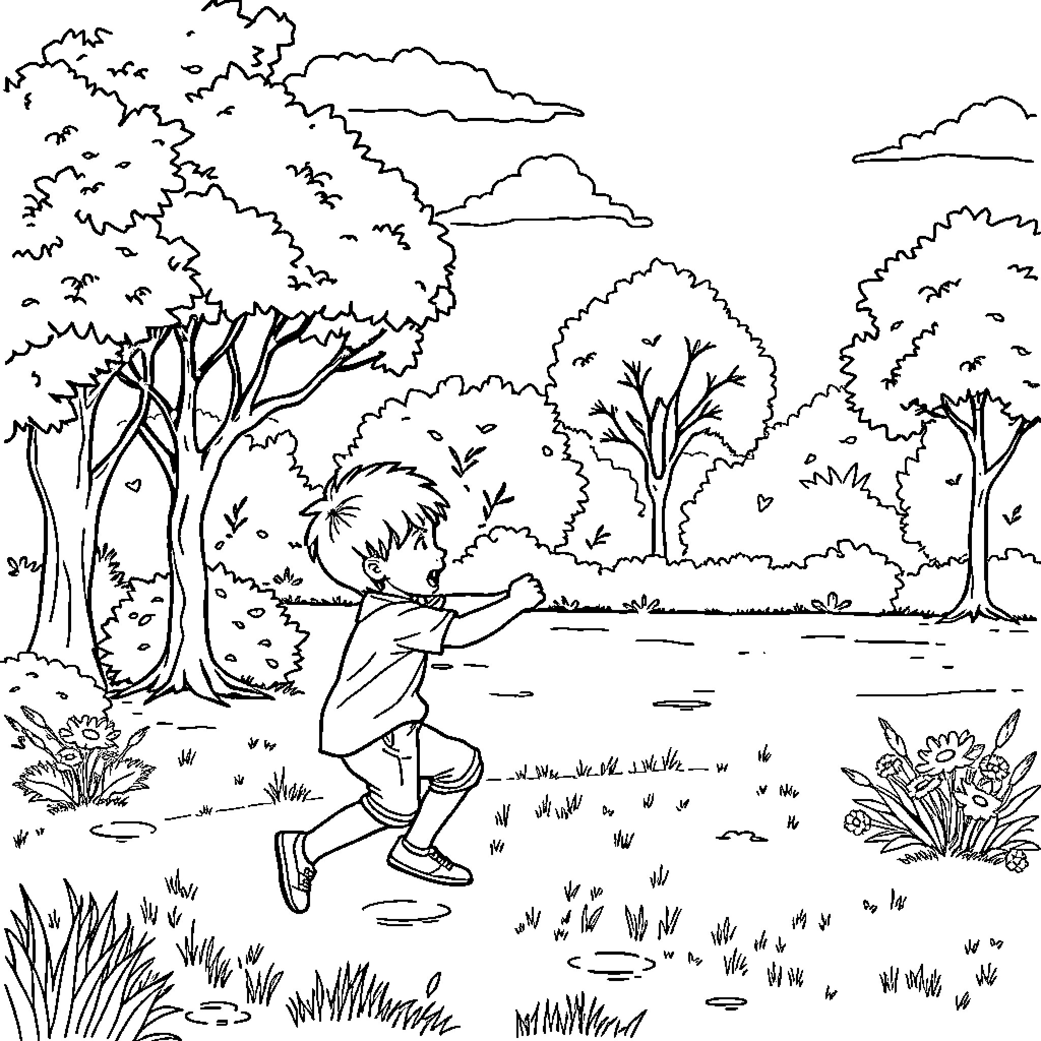 Hushy Moments in Nature's Embrace Coloring Page (free black-and-white line drawing printable PDF for all, from beginners to advanced learners, including children, teens, adults, and seniors)