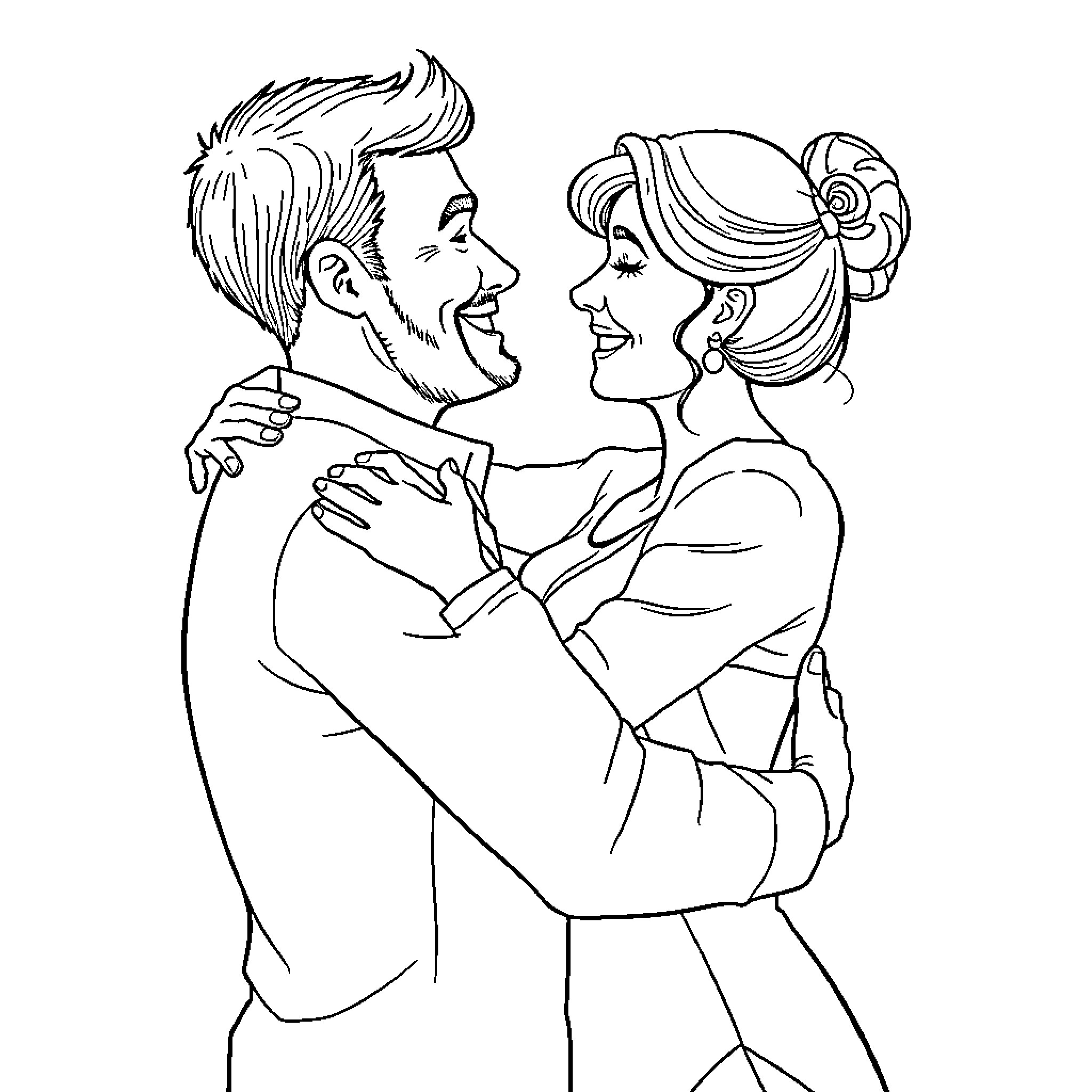 Parent couple embracing and gazing affectionately Coloring Page (free black-and-white line drawing printable PDF for all, from beginners to advanced learners, including children, teens, adults, and seniors)