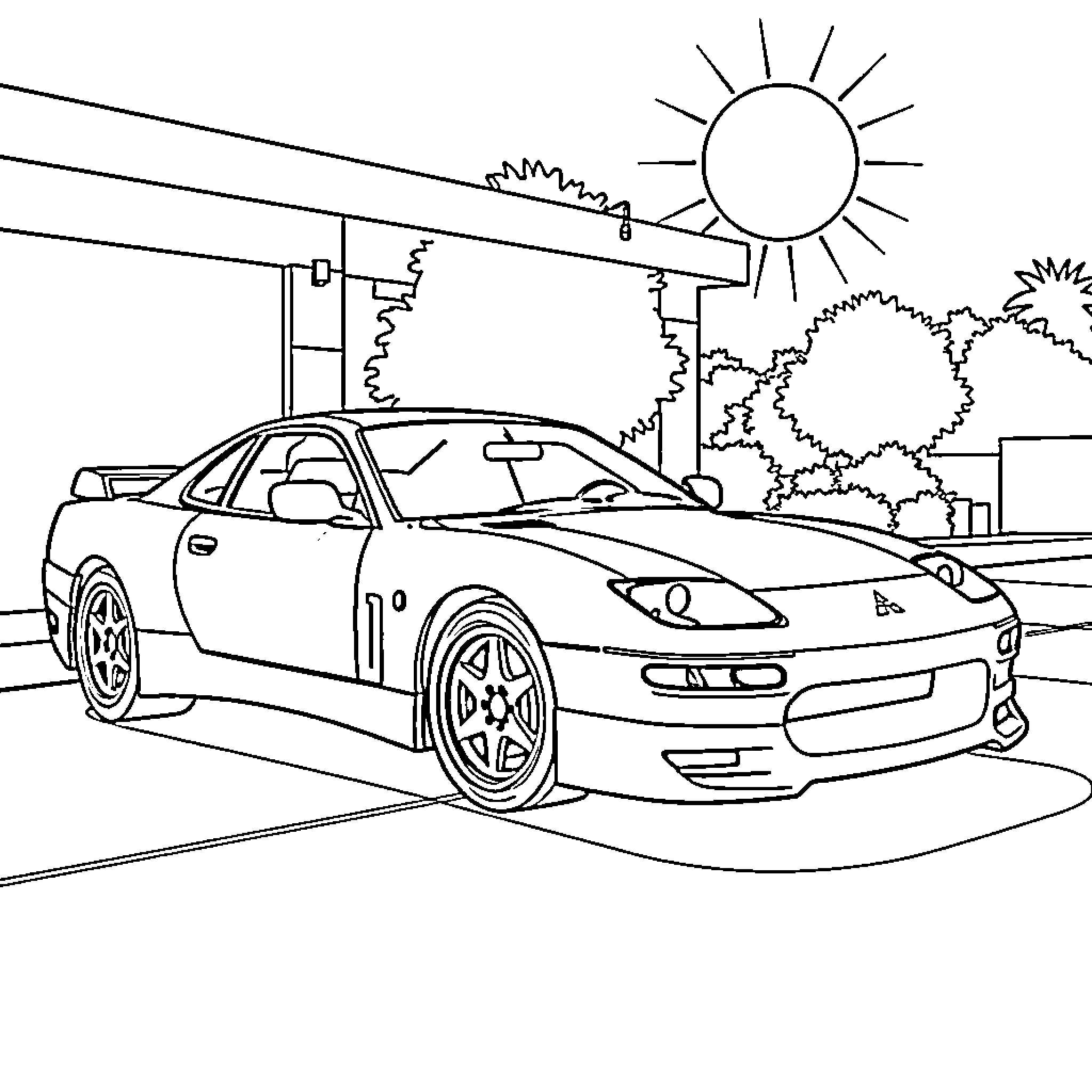 Mitsubishi 3000 GT parked in sunny garage Coloring Page (free black-and-white line drawing printable PDF for all, from beginners to advanced learners, including children, teens, adults, and seniors)