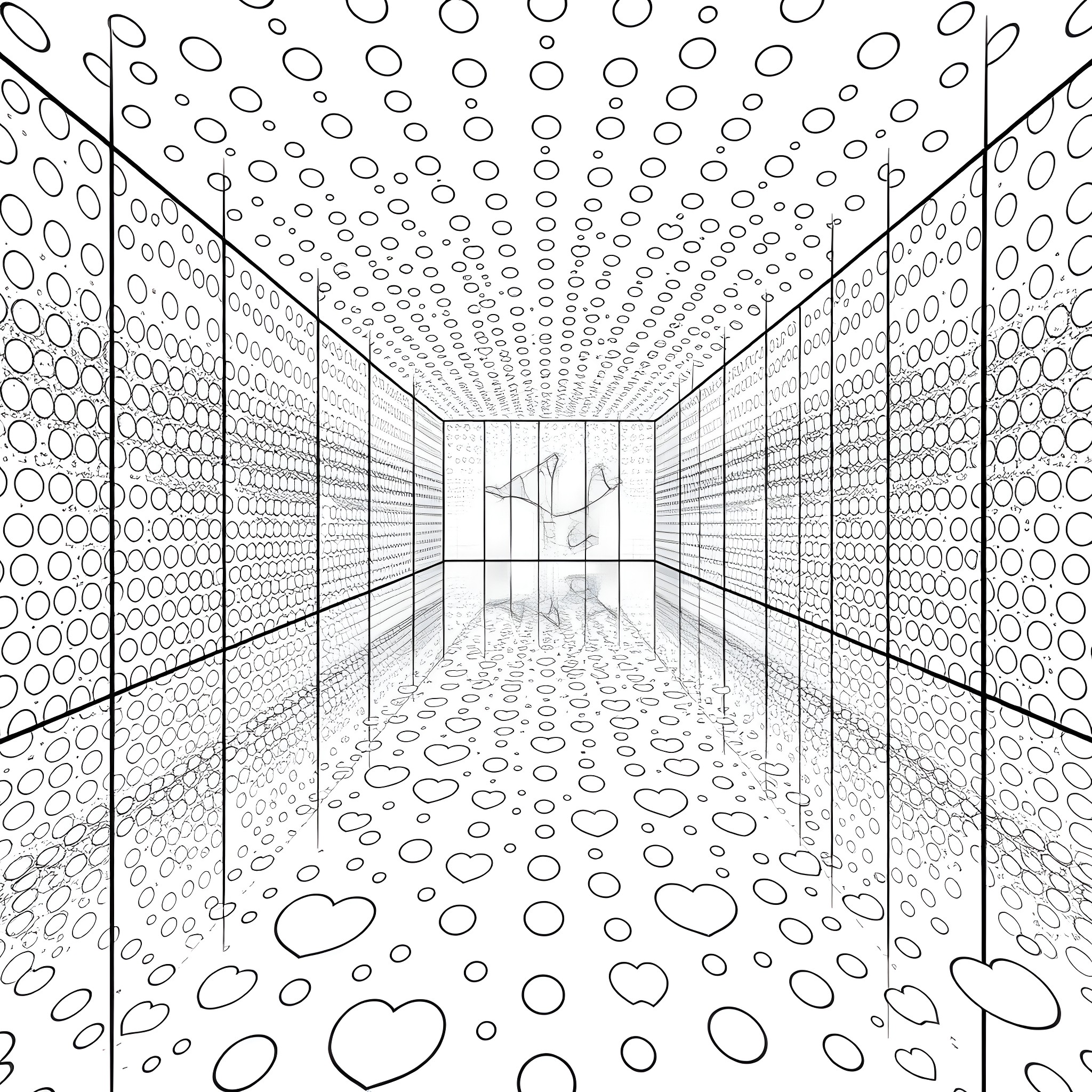 Infinity Room with Geometric Shapes Coloring Page (free black-and-white line drawing printable PDF for all, from beginners to advanced learners, including children, teens, adults, and seniors)