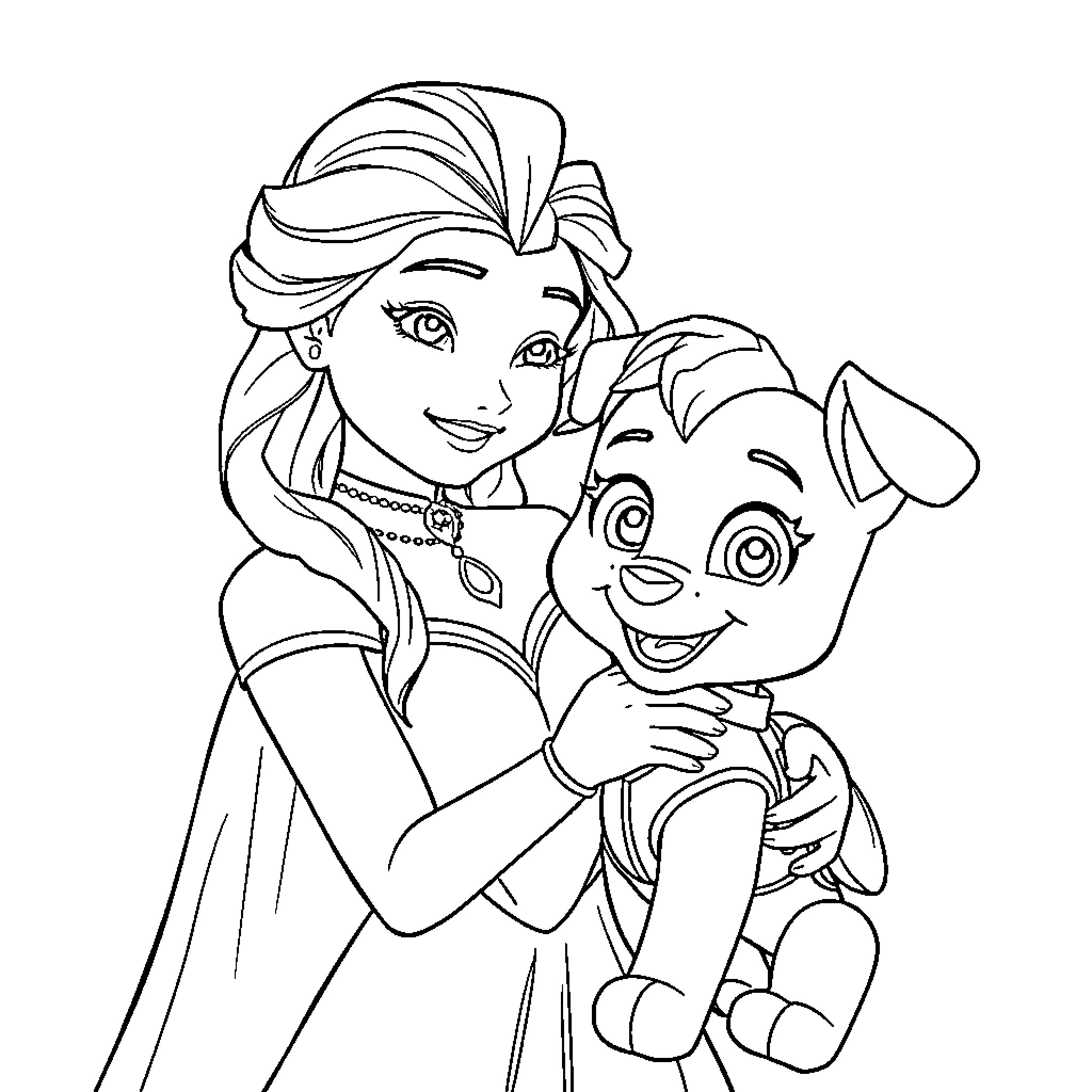 Elsa and Olaf's Playful Embrace Coloring Page (free black-and-white line drawing printable PDF for all, from beginners to advanced learners, including children, teens, adults, and seniors)
