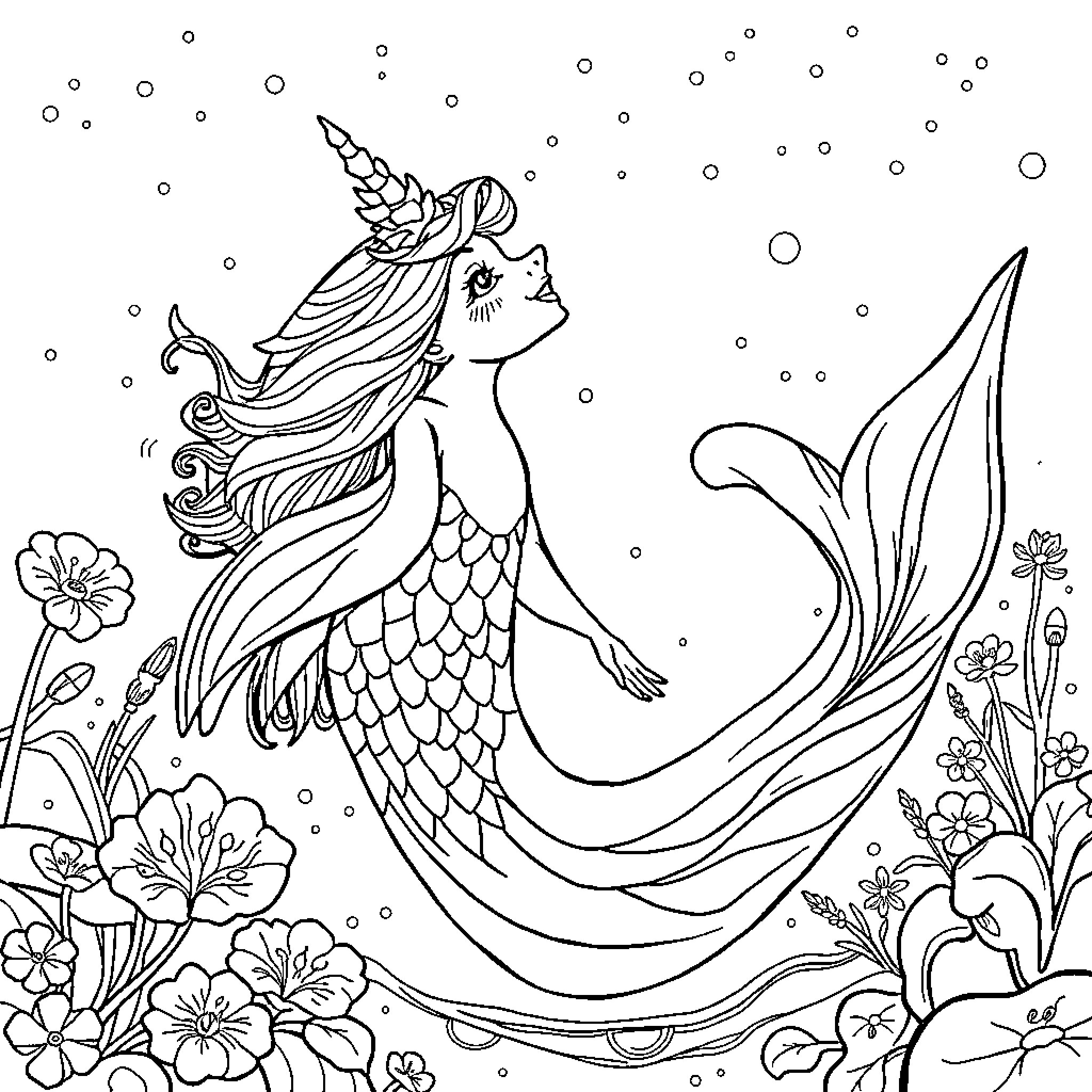 Mermaid swimming amidst flowery underwater scene Coloring Page (free black-and-white line drawing printable PDF for all, from beginners to advanced learners, including children, teens, adults, and seniors)