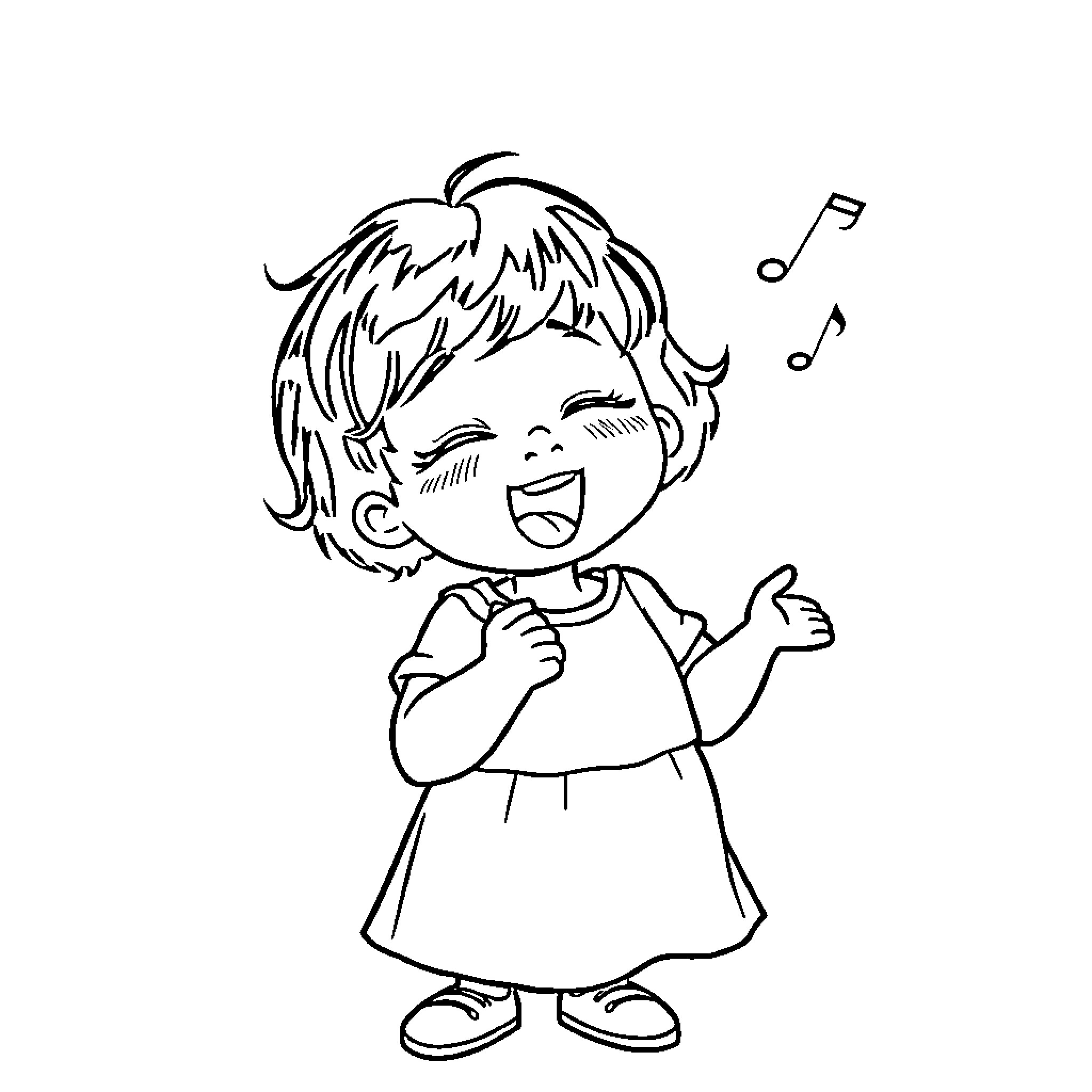 Girl joyfully singing with musical notes Coloring Page (free black-and-white line drawing printable PDF for all, from beginners to advanced learners, including children, teens, adults, and seniors)