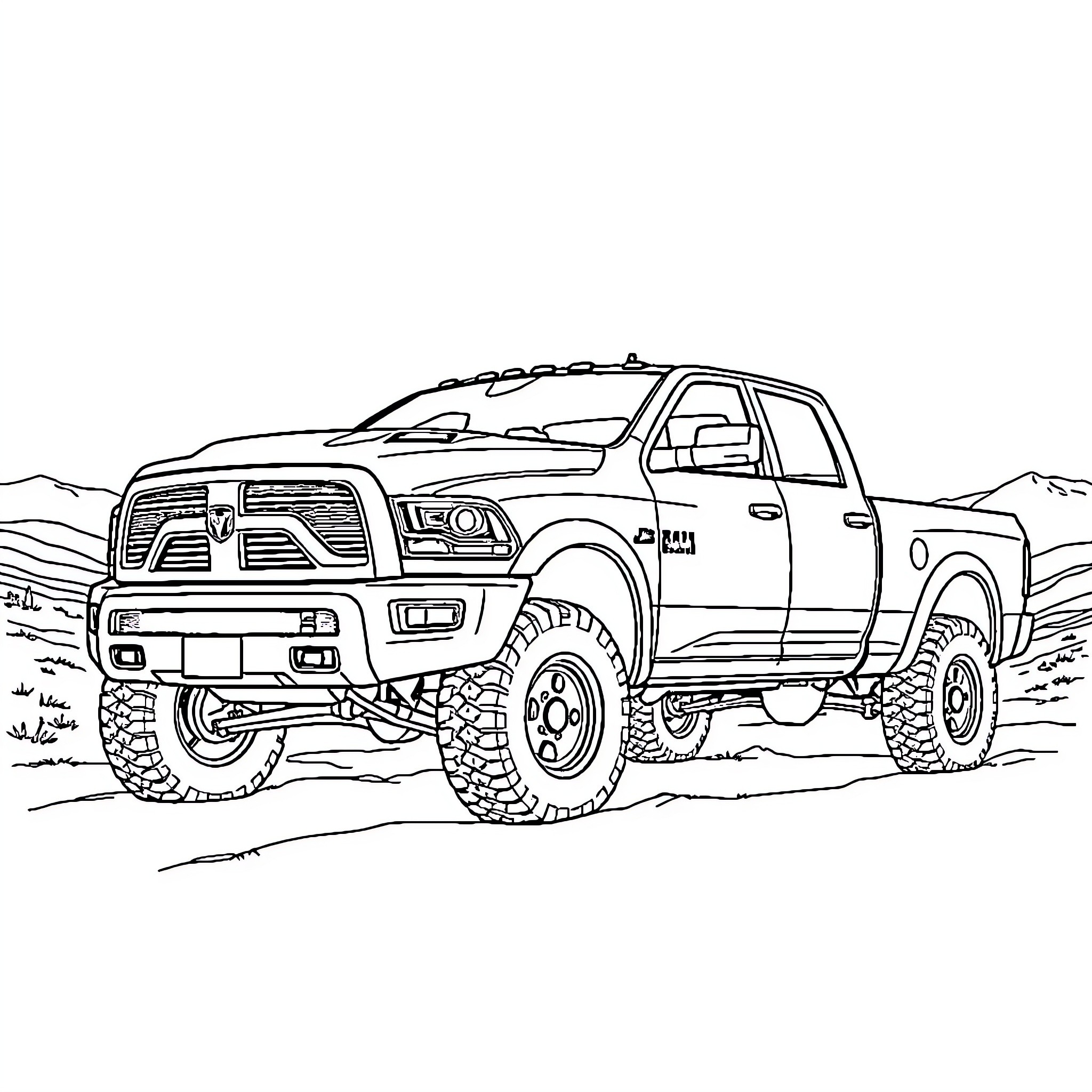 Ram Truck Traversing Rugged Terrain Coloring Page (free black-and-white line drawing printable PDF for all, from beginners to advanced learners, including children, teens, adults, and seniors)