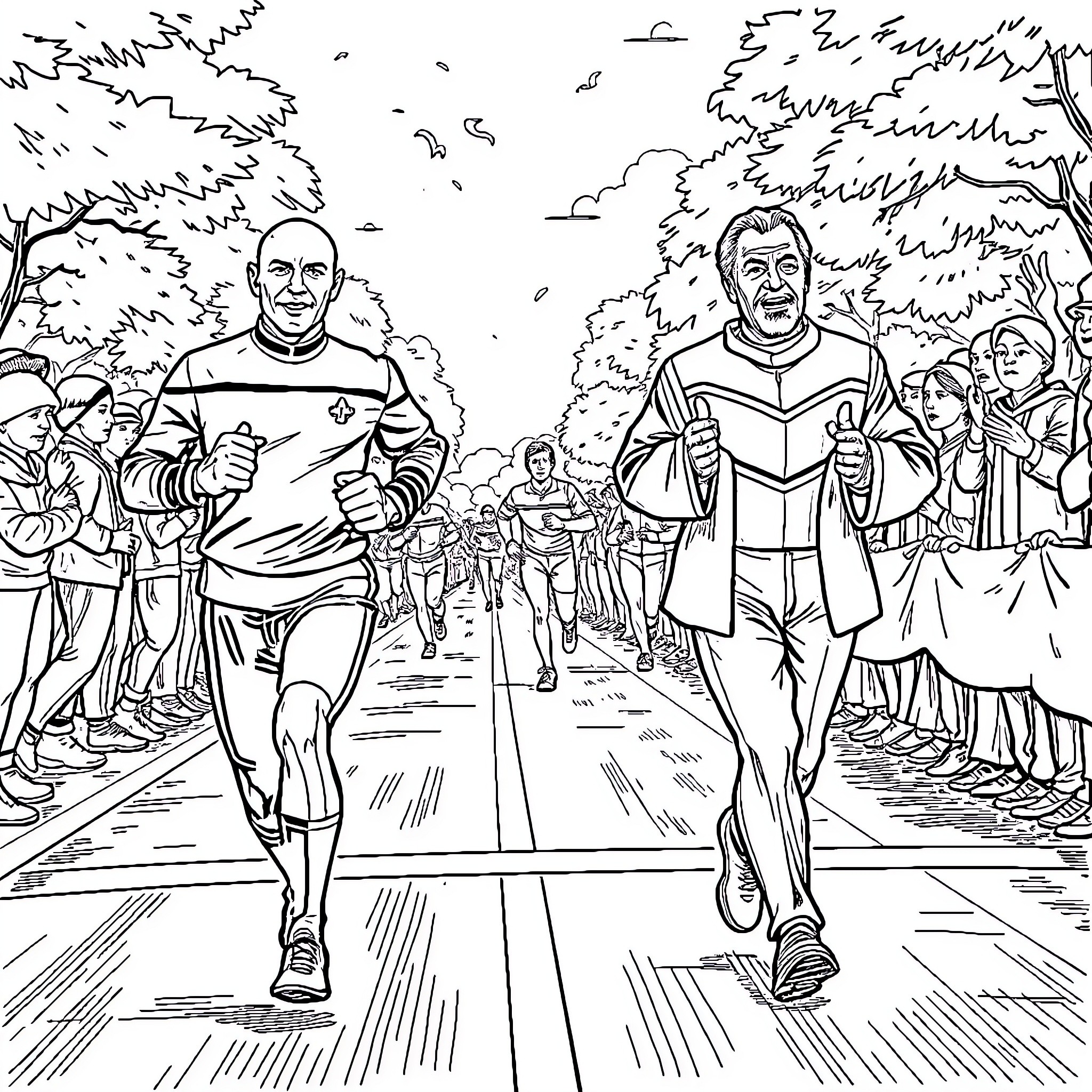 Captain Picard leading a running group in the outdoors Coloring Page (free black-and-white line drawing printable PDF for all, from beginners to advanced learners, including children, teens, adults, and seniors)