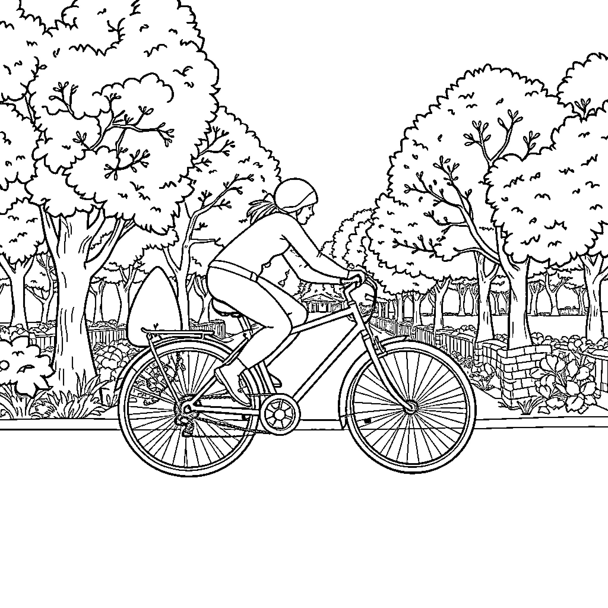 Shoe Rider Cycling Through Scenic Forest Coloring Page (free black-and-white line drawing printable PDF for all, from beginners to advanced learners, including children, teens, adults, and seniors)