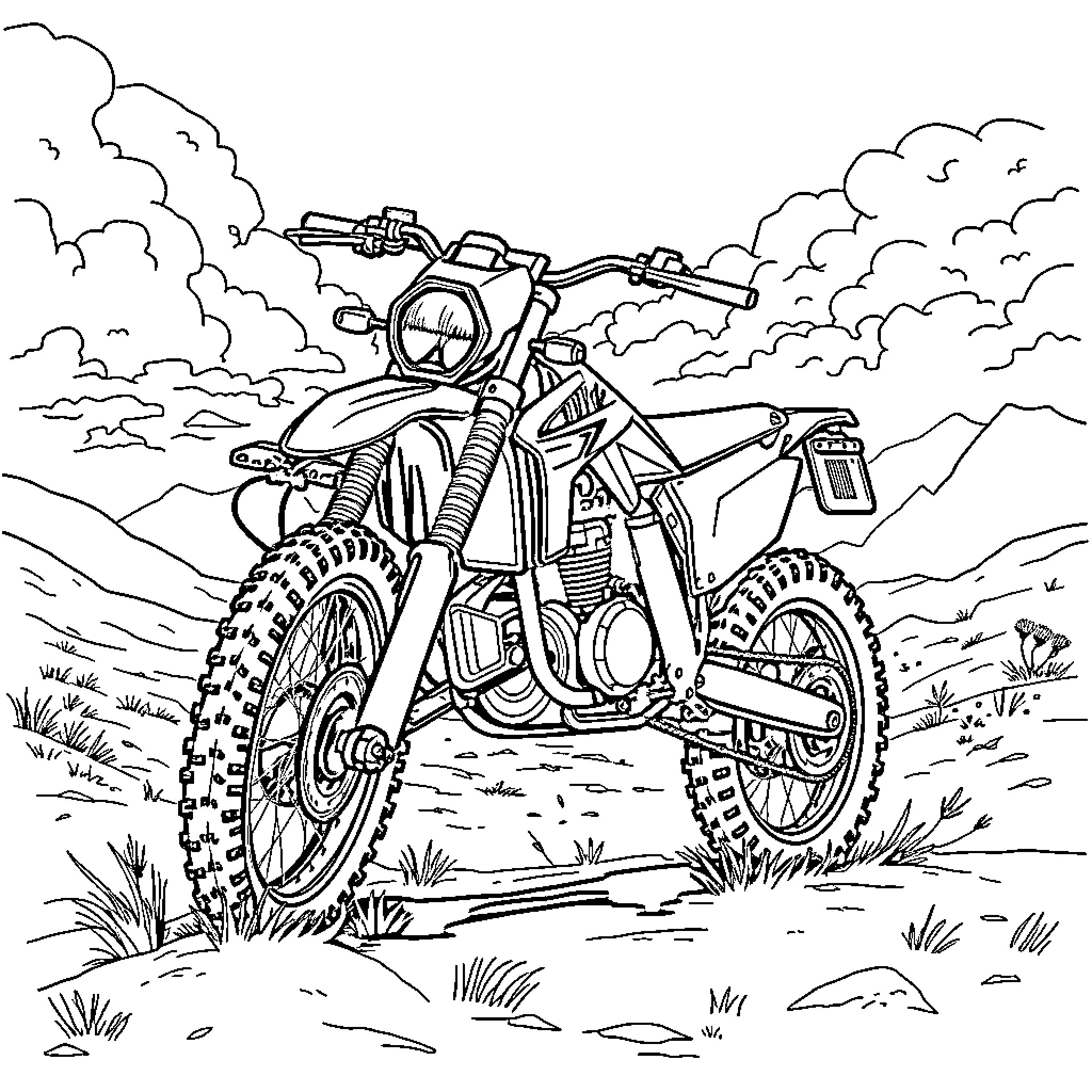 Scramble Bike Races Through the Rugged Terrain Coloring Page (free black-and-white line drawing printable PDF for all, from beginners to advanced learners, including children, teens, adults, and seniors)