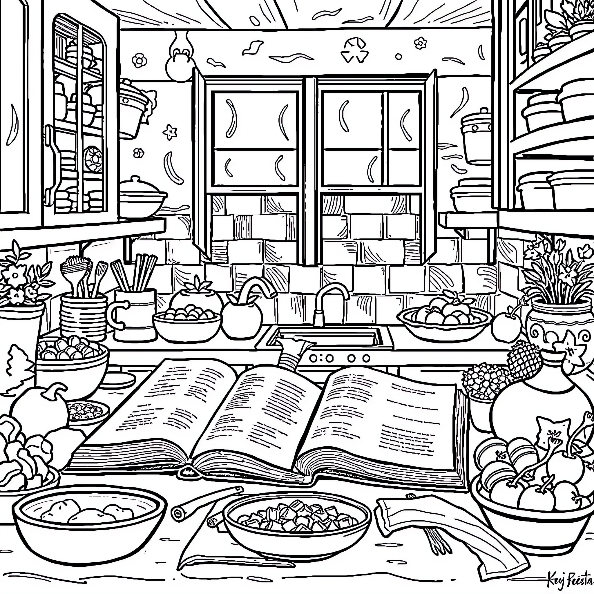 Dish Featuring Cozy Kitchen Scene with Books and Plants Coloring Page (free black-and-white line drawing printable PDF for all, from beginners to advanced learners, including children, teens, adults, and seniors)