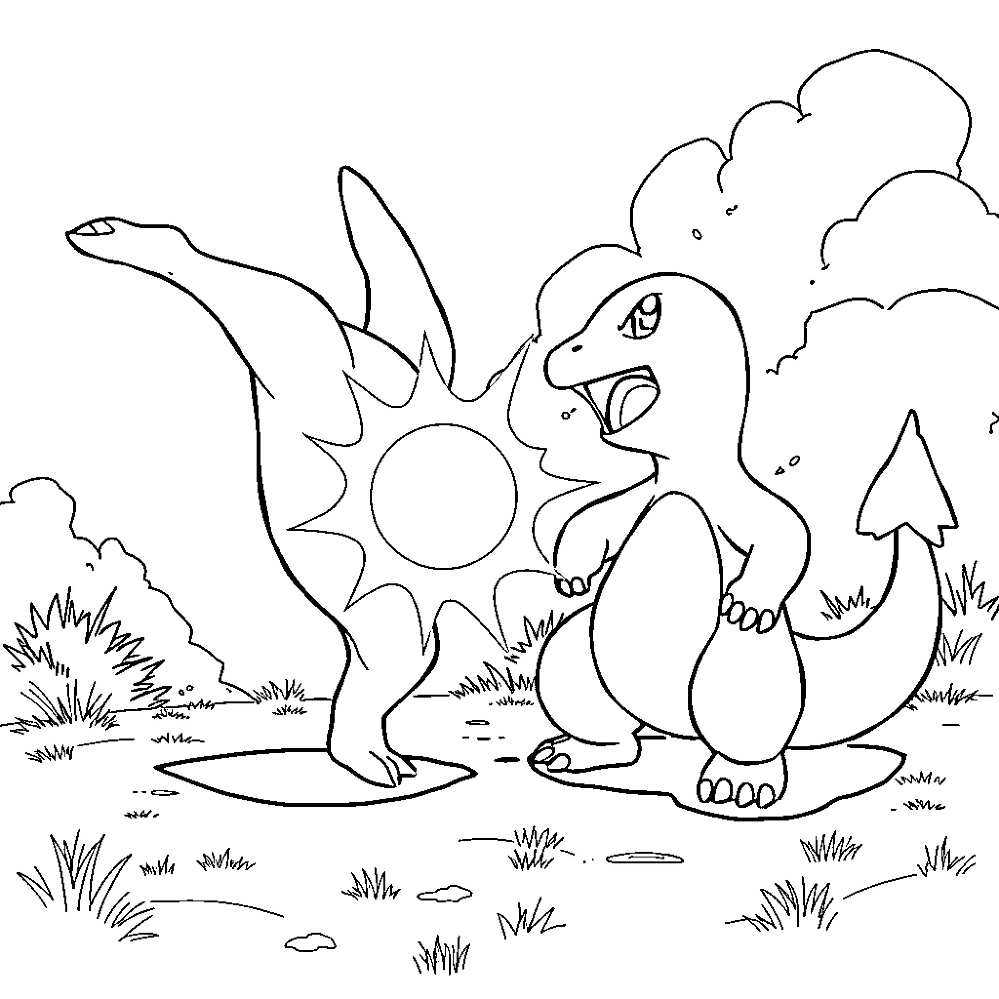 Pokémon dinosaur character in nature Coloring Page (free black-and-white line drawing printable PDF for all, from beginners to advanced learners, including children, teens, adults, and seniors)