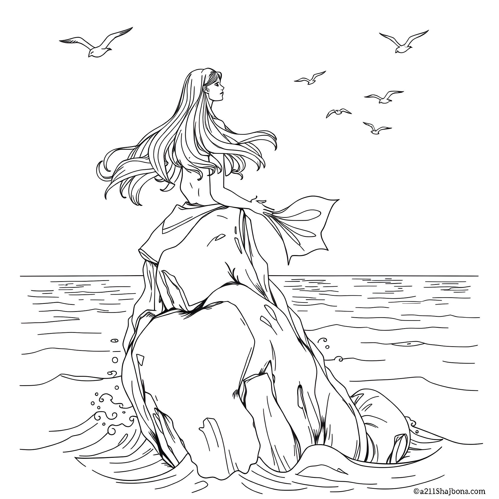 Mermaid emerging from the waves with seagulls in the sky Coloring Page (free black-and-white line drawing printable PDF for all, from beginners to advanced learners, including children, teens, adults, and seniors)