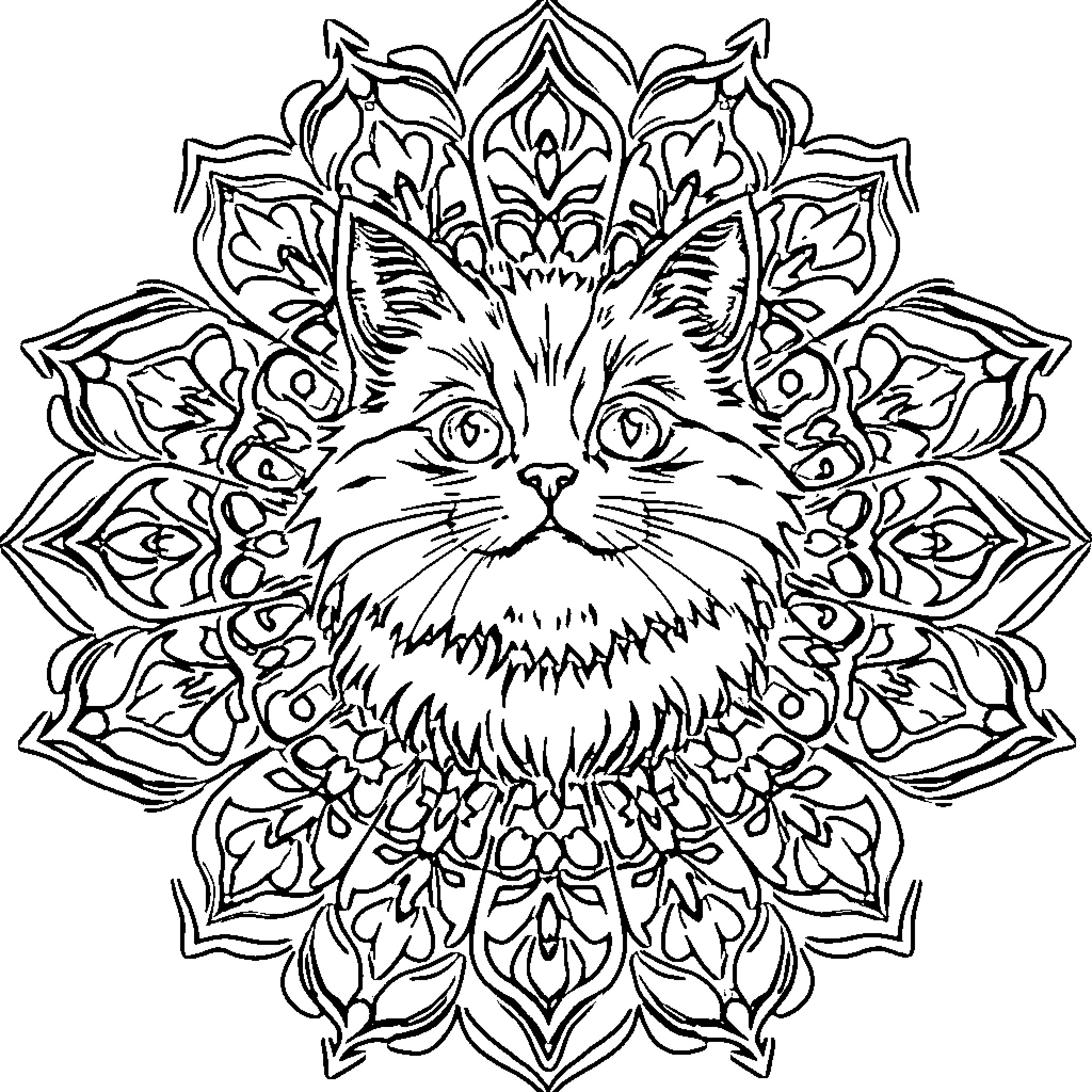 Cat surrounded by decorative floral patterns Coloring Page (free black-and-white line drawing printable PDF for all, from beginners to advanced learners, including children, teens, adults, and seniors)