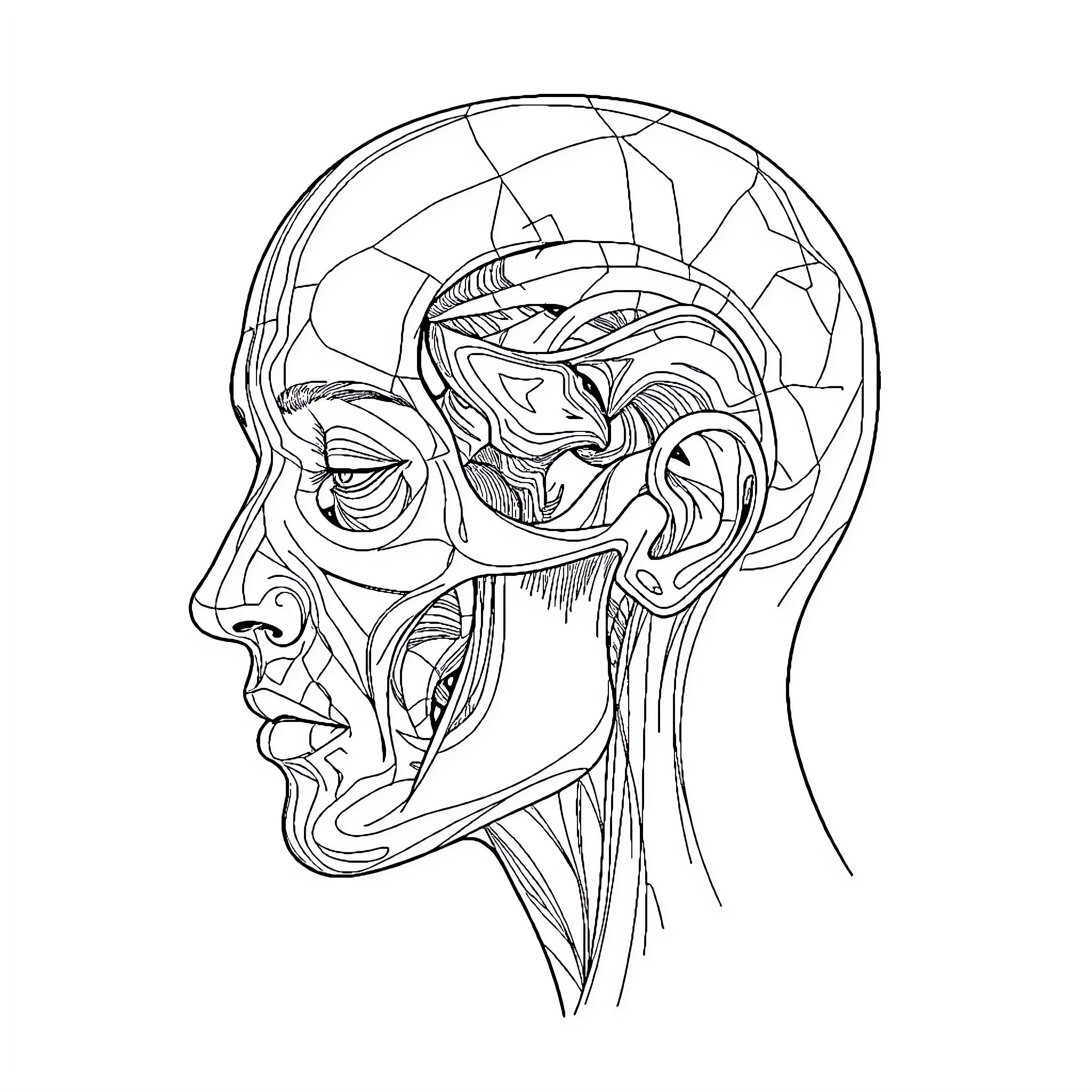 Face Anatomy of an Artistic Illustration Coloring Page (free black-and-white line drawing printable PDF for all, from beginners to advanced learners, including children, teens, adults, and seniors)