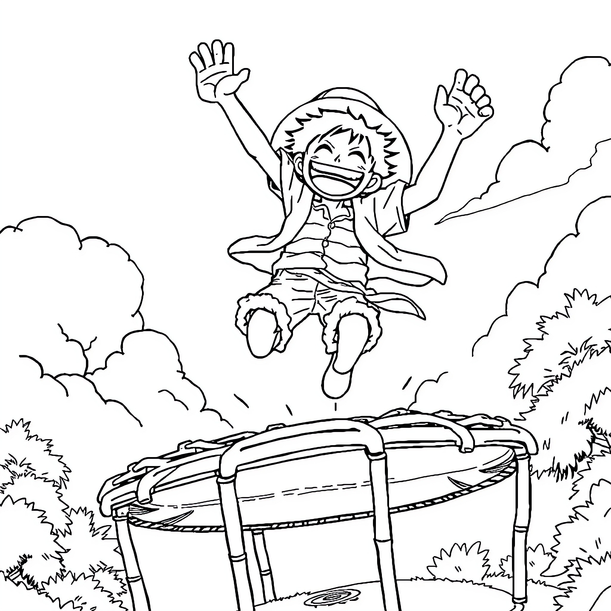 Luffy jumping joyfully on a trampoline in the clouds Coloring Page (free black-and-white line drawing printable PDF for all, from beginners to advanced learners, including children, teens, adults, and seniors)