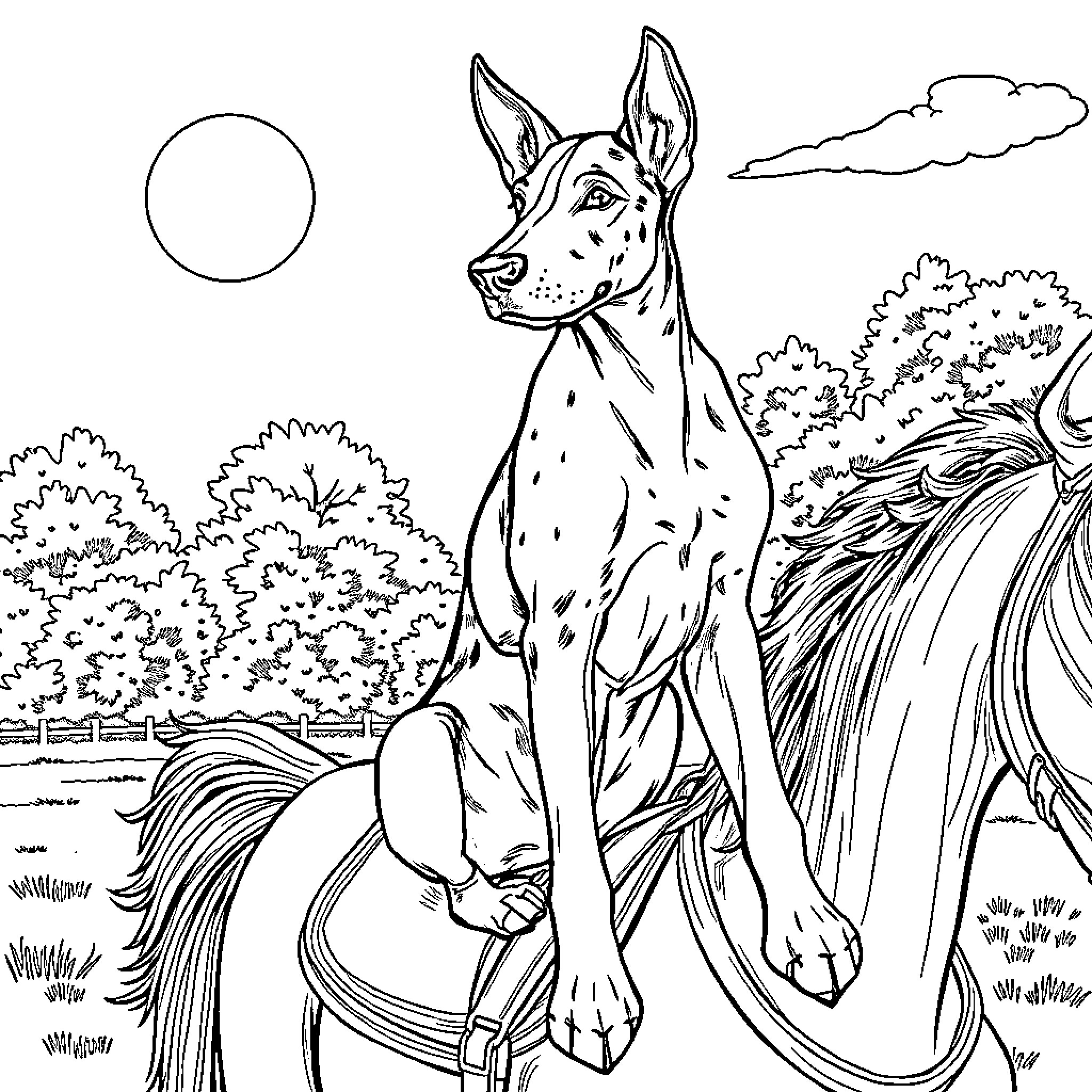 Dutchhound riding a horse in the countryside Coloring Page (free black-and-white line drawing printable PDF for all, from beginners to advanced learners, including children, teens, adults, and seniors)
