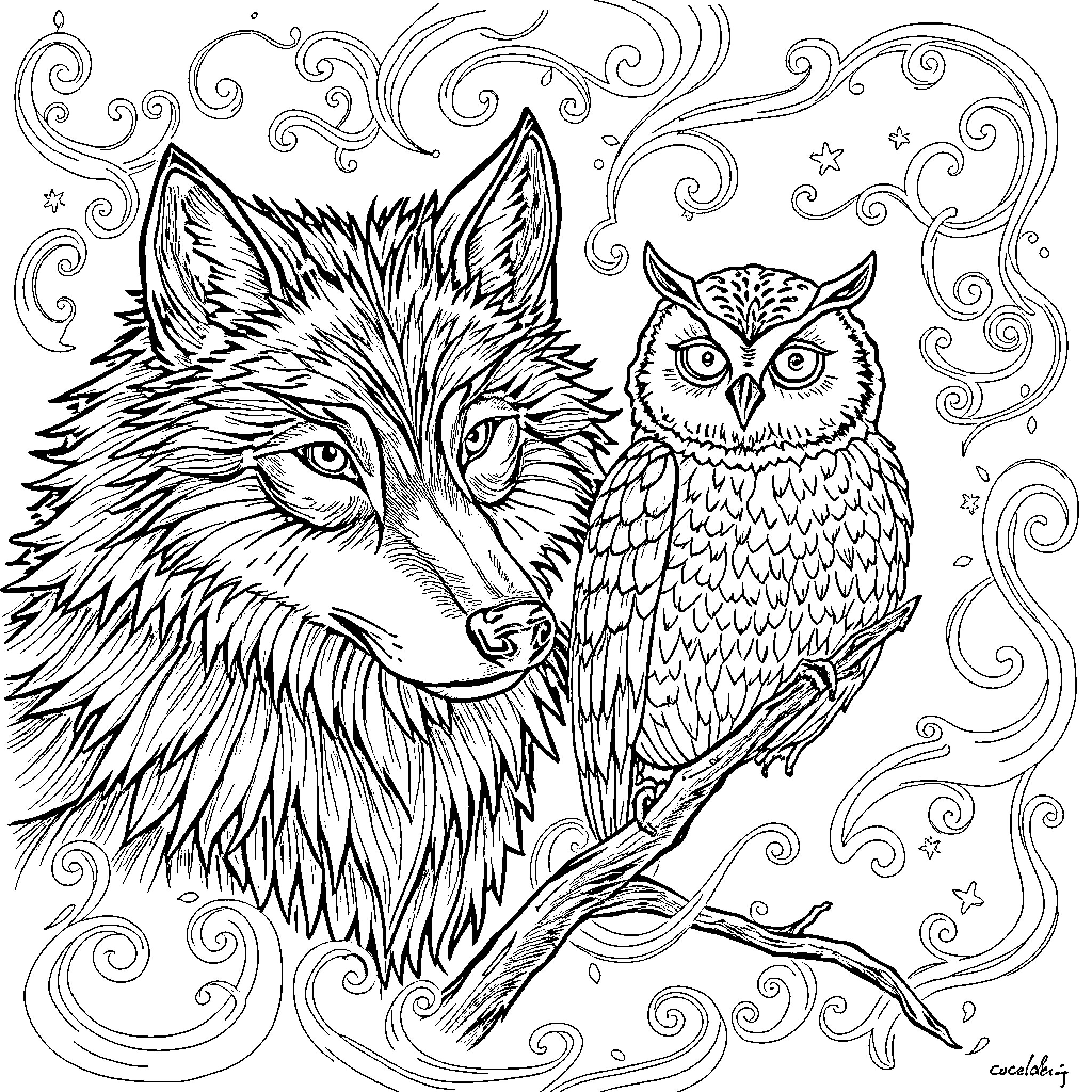 Wolf and Owl Intertwined in Swirling Patterns Coloring Page (free black-and-white line drawing printable PDF for all, from beginners to advanced learners, including children, teens, adults, and seniors)