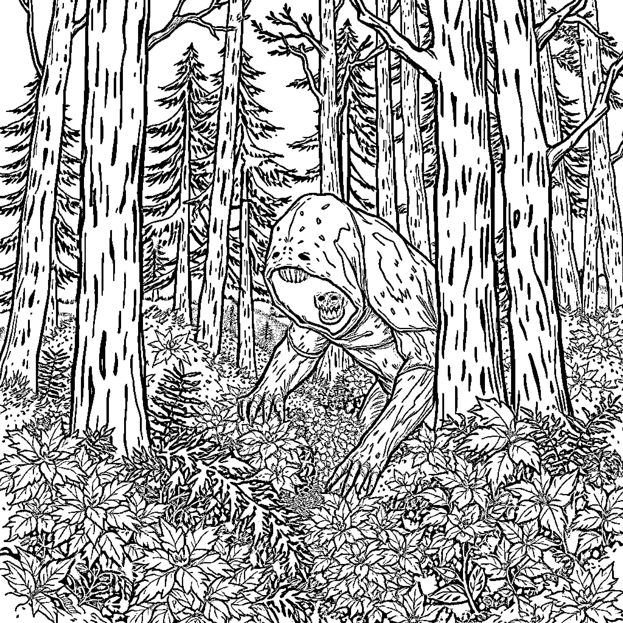 Cryptid creature in the mysterious forest Coloring Page (free black-and-white line drawing printable PDF for all, from beginners to advanced learners, including children, teens, adults, and seniors)