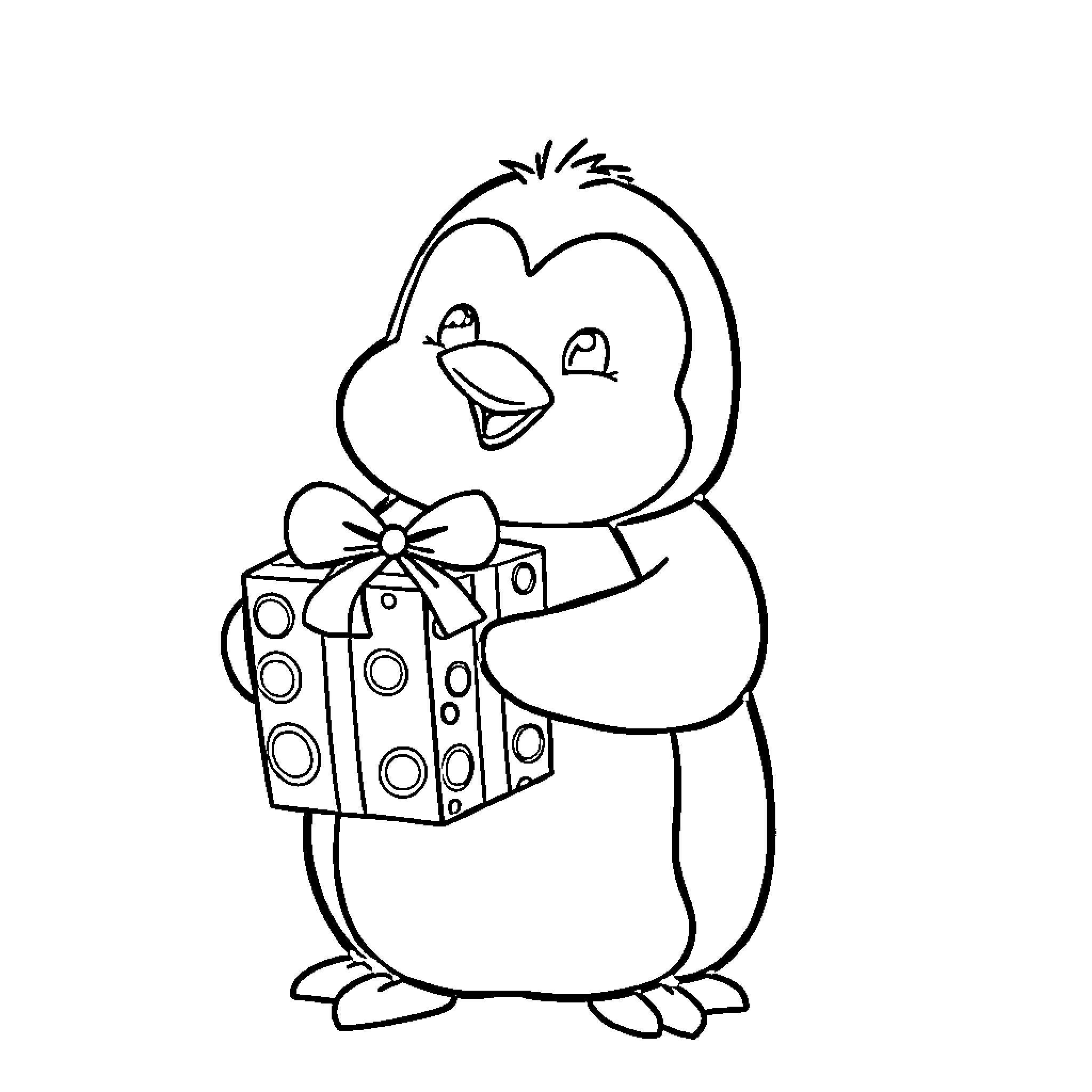Penguin holding a gift box with a bow Coloring Page (free black-and-white line drawing printable PDF for all, from beginners to advanced learners, including children, teens, adults, and seniors)