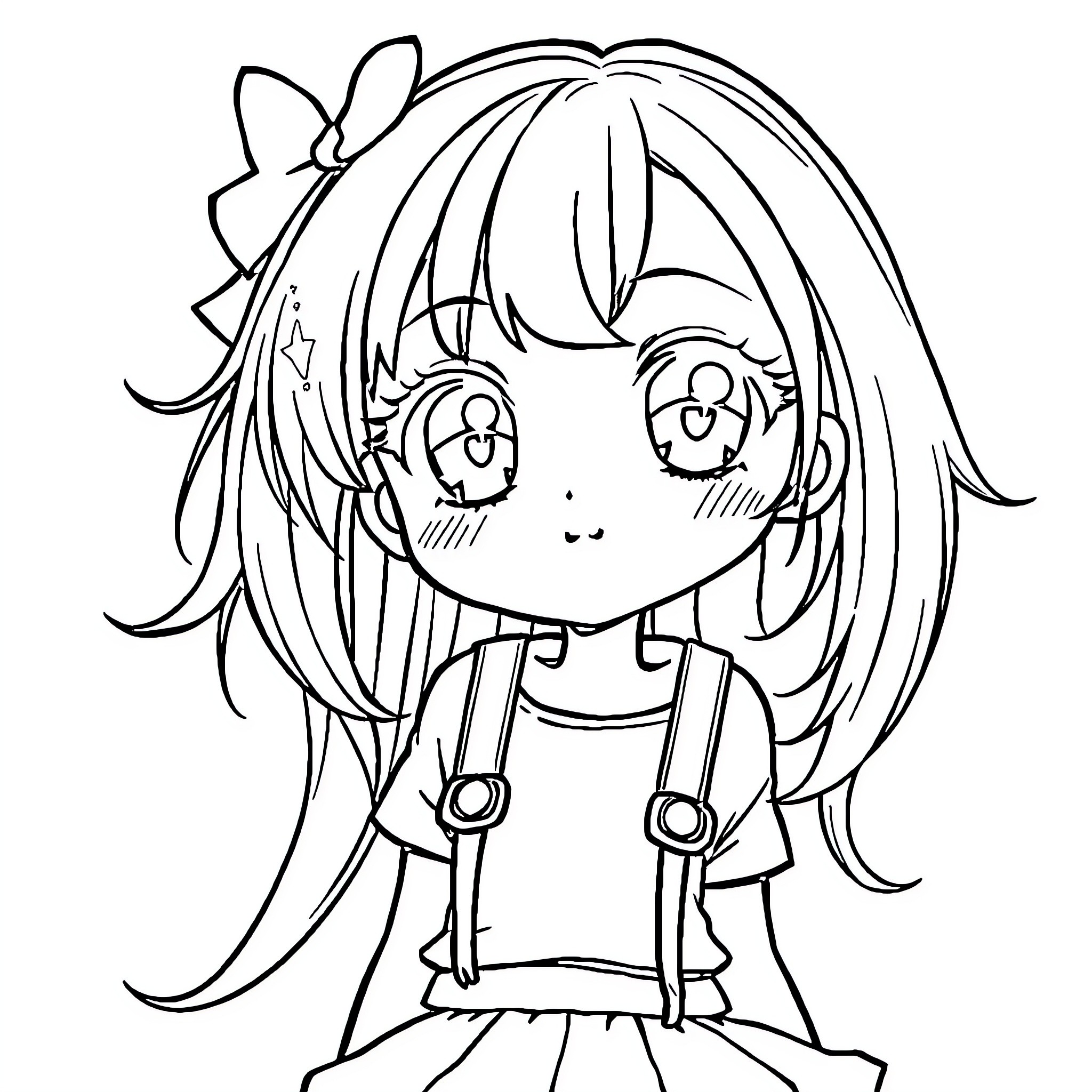 Anime Girl with Ribbon in Casual Outfit Coloring Page (free black-and-white line drawing printable PDF for all, from beginners to advanced learners, including children, teens, adults, and seniors)
