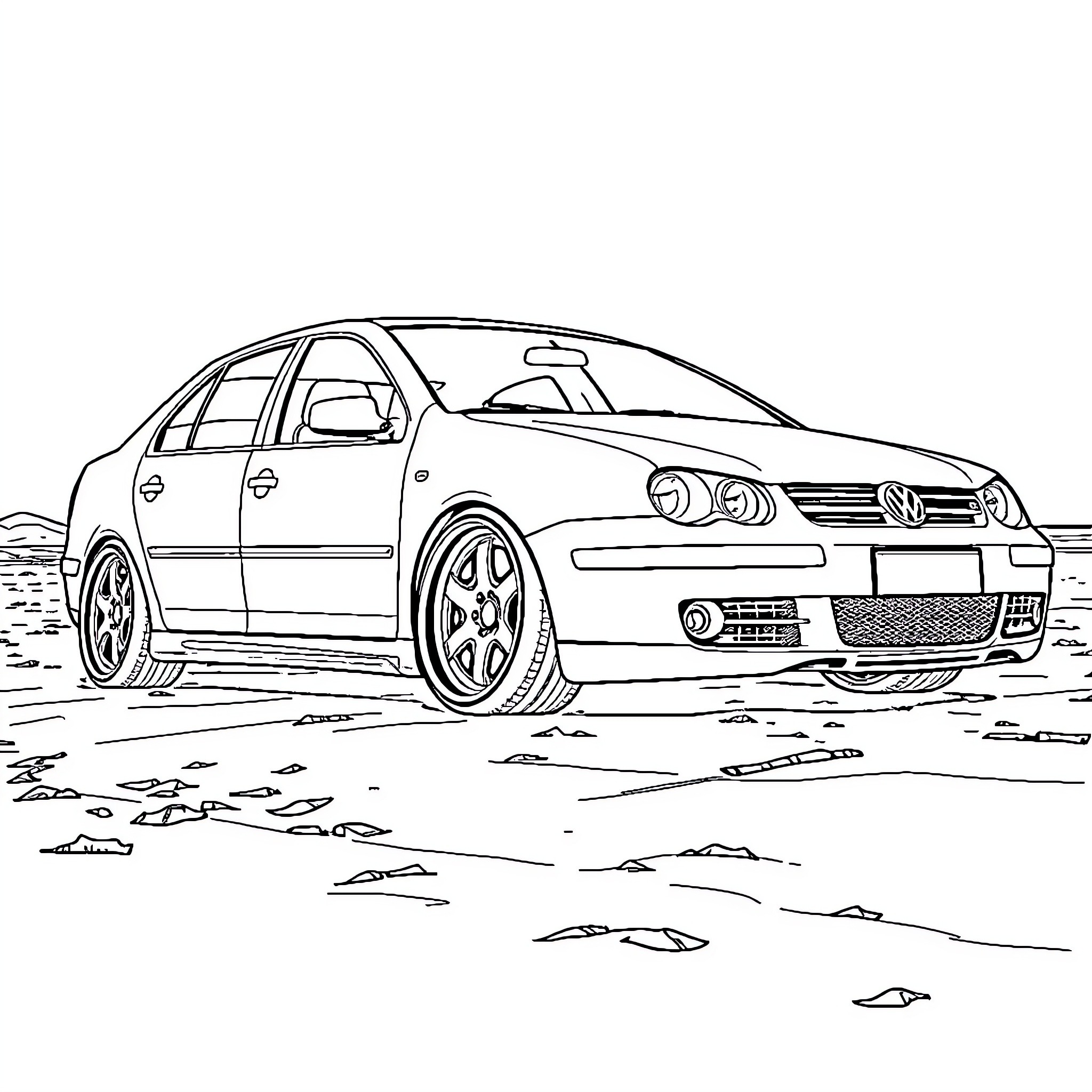 VW Jetta parked outdoors on a grassy field Coloring Page (free black-and-white line drawing printable PDF for all, from beginners to advanced learners, including children, teens, adults, and seniors)